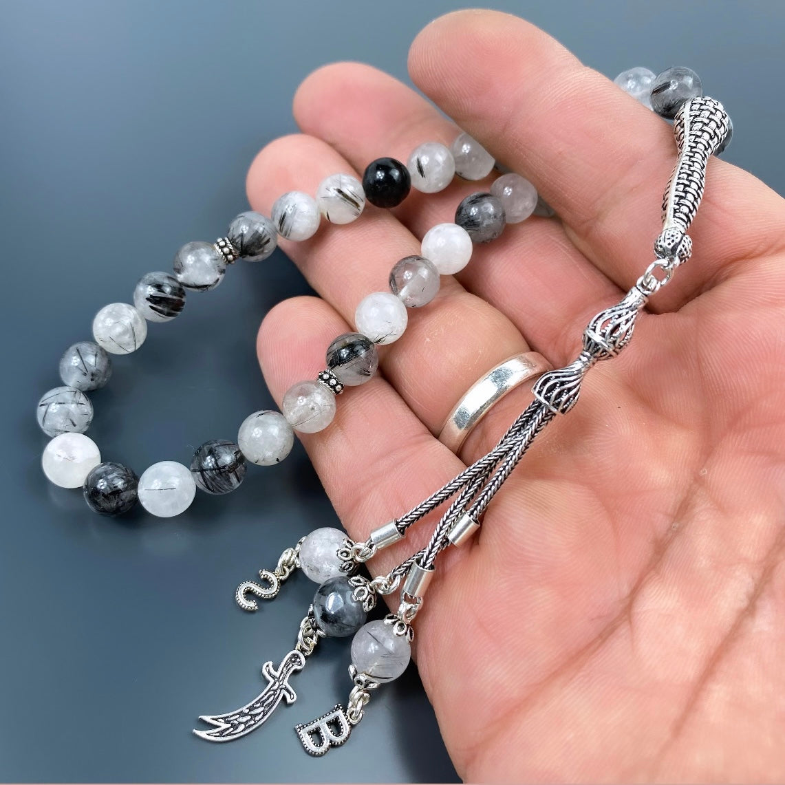 Tesbih Quarz Naturstein 925 Silber mit Logo und Buchstaben