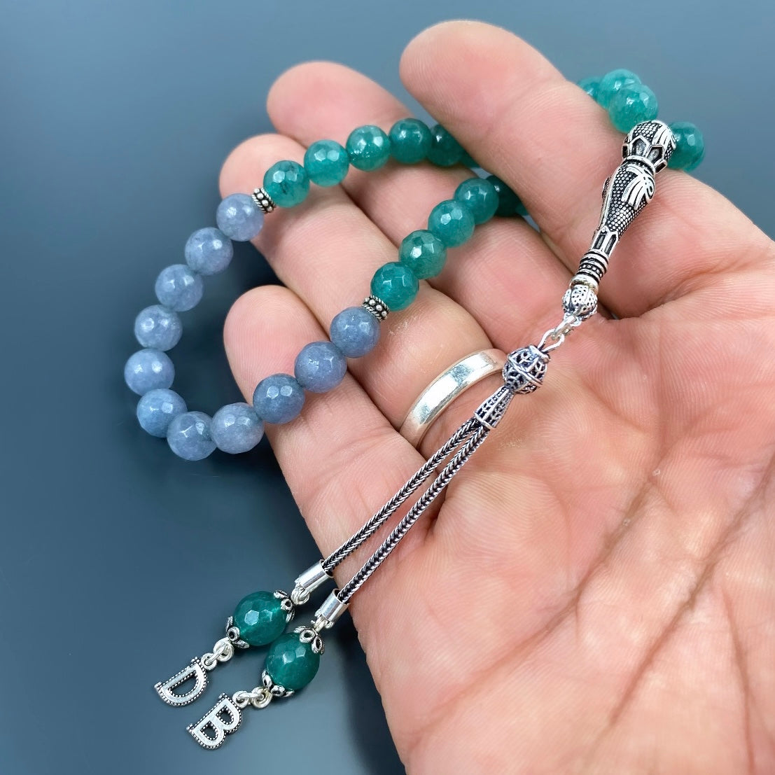 Tesbih Jade Naturstein 925 Silber mit Buchstaben