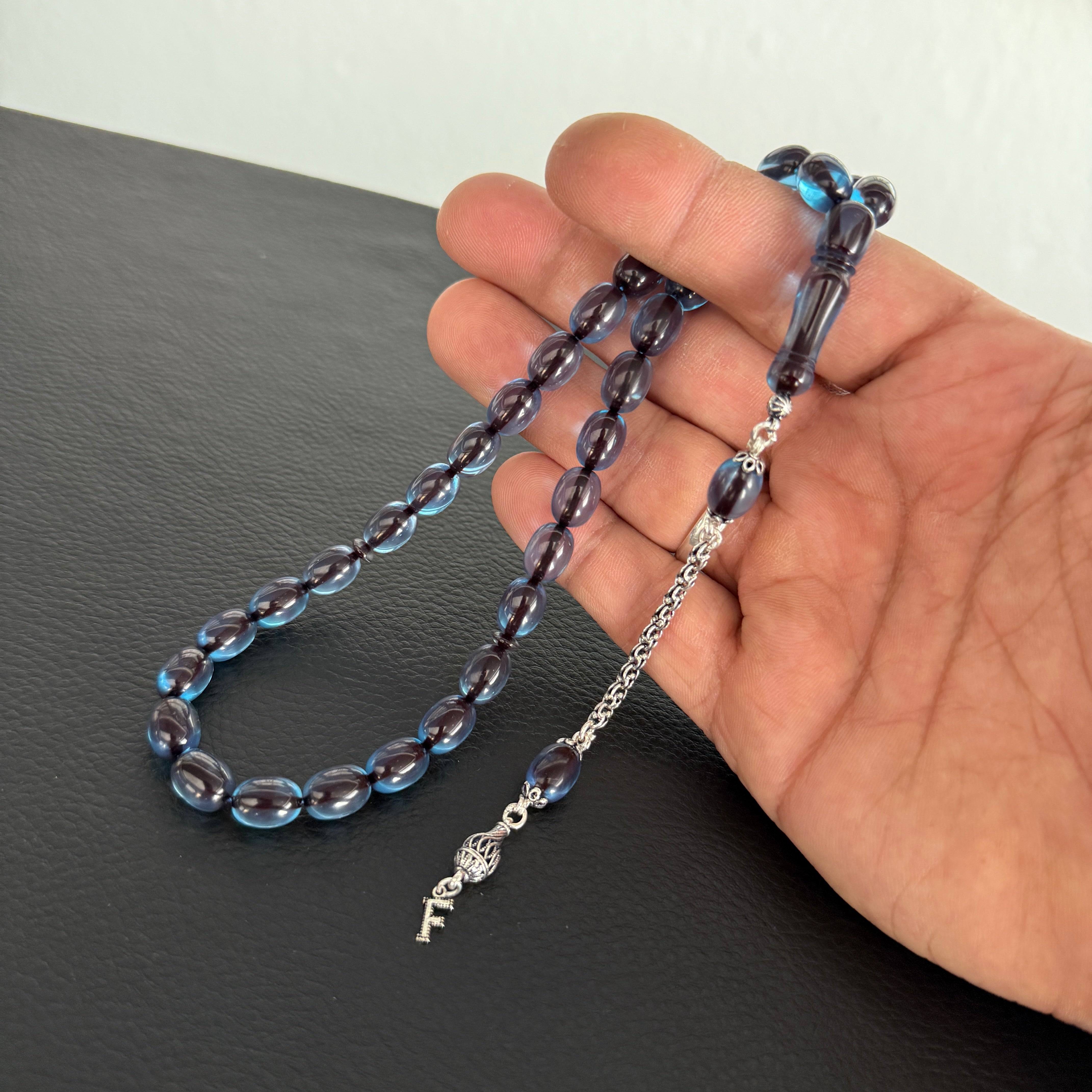 Kehribar Tesbih Sıkma 925 Silber Kapsül Sky Blue 1 Buchstaben mit Feuerzeug und Geschenkbox