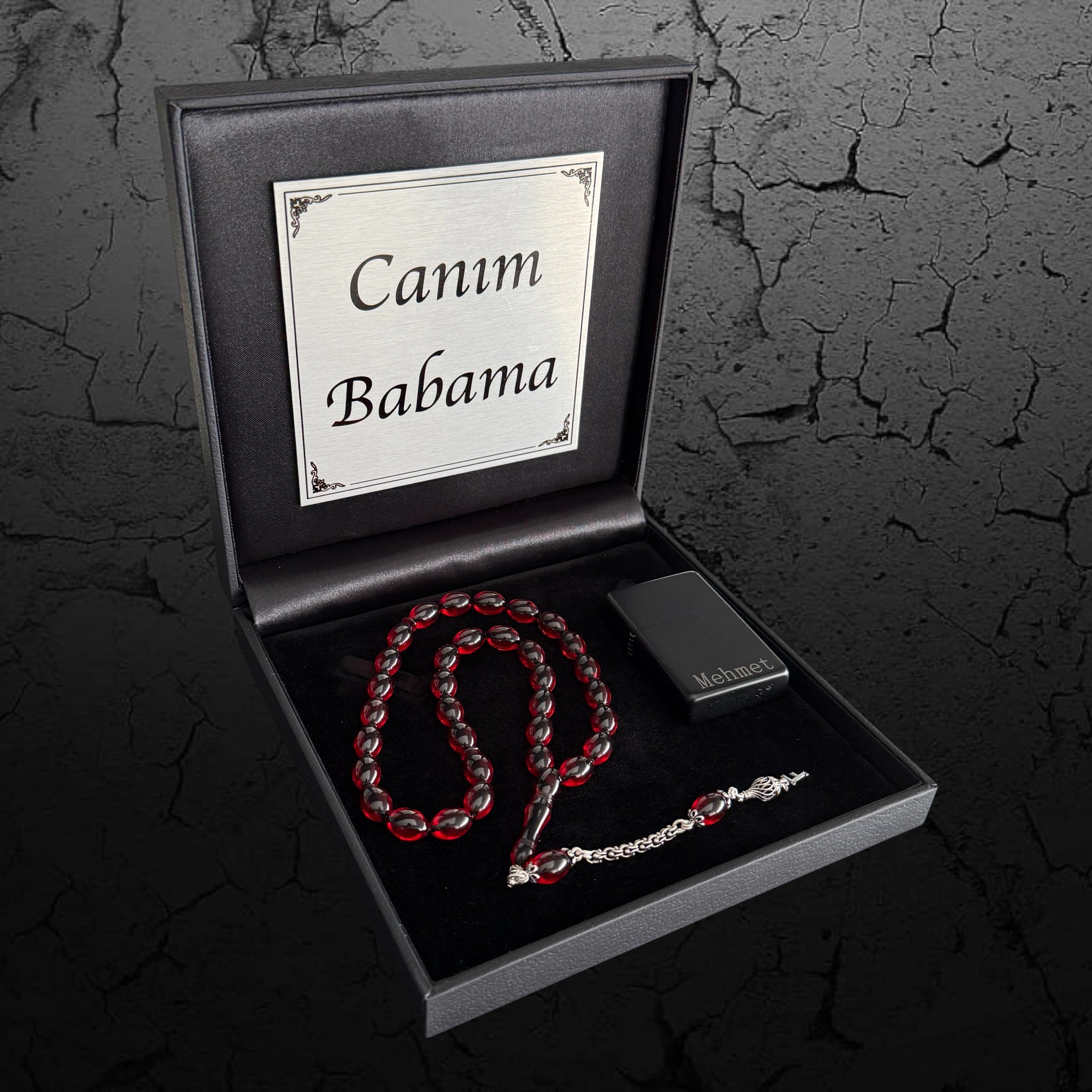 Kehribar Tesbih Sıkma 925 Silber Beyzi Rot 1 Buchstaben mit Feuerzeug und Geschenkbox