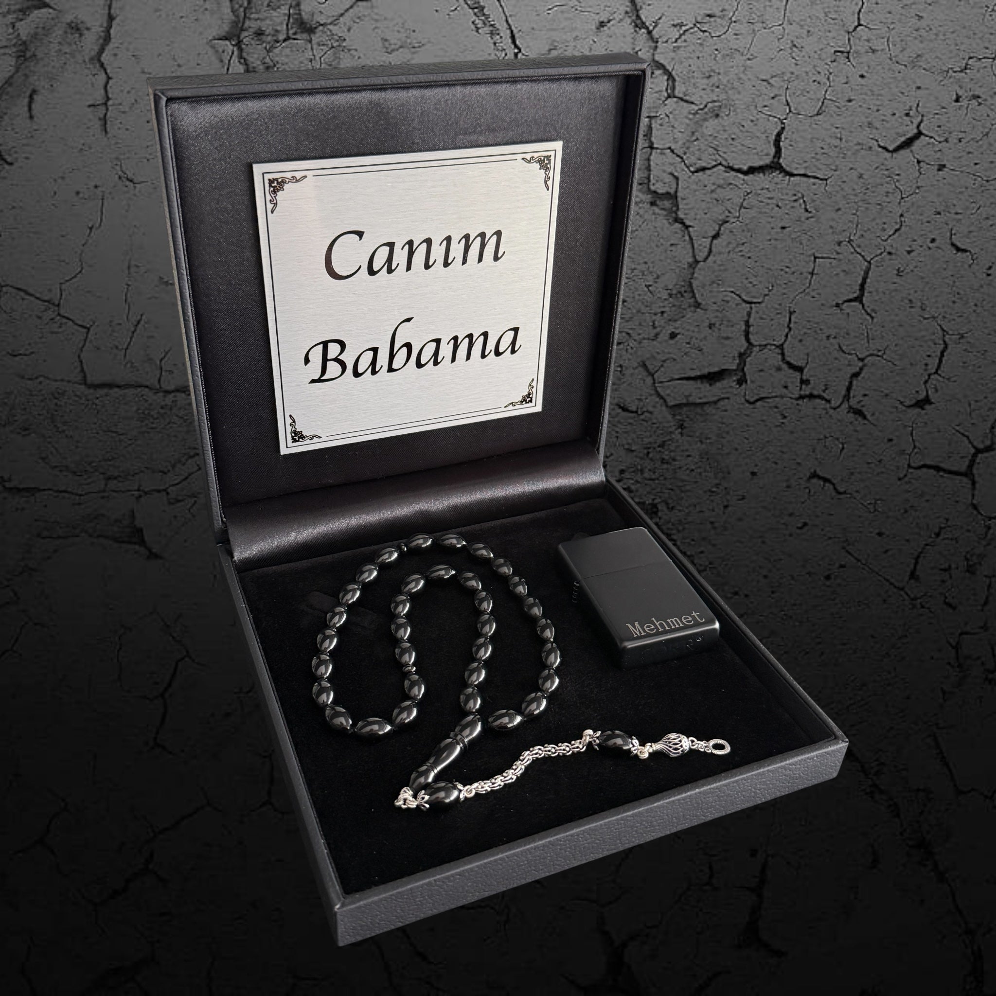 Kehribar Tesbih Sıkma 925 Silber Beyzi Schwarz 1 Buchstaben mit Feuerzeug und Geschenkbox