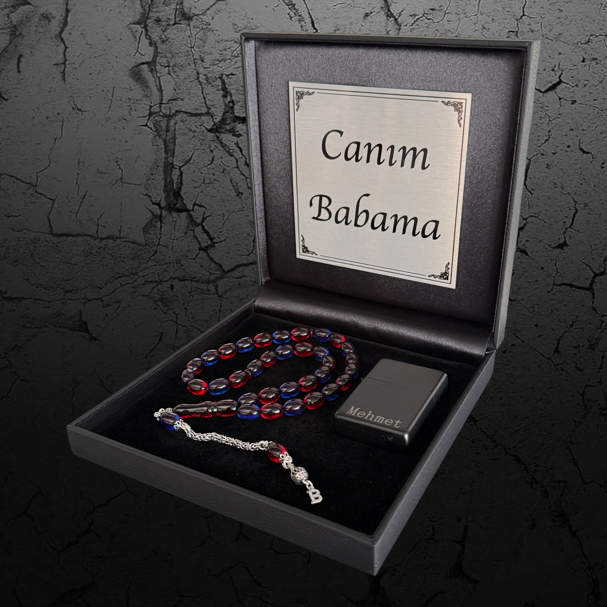 Kehribar Tesbih Sıkma 925 Silber TS Taraftar 1 Buchstaben mit Feuerzeug und Geschenkbox