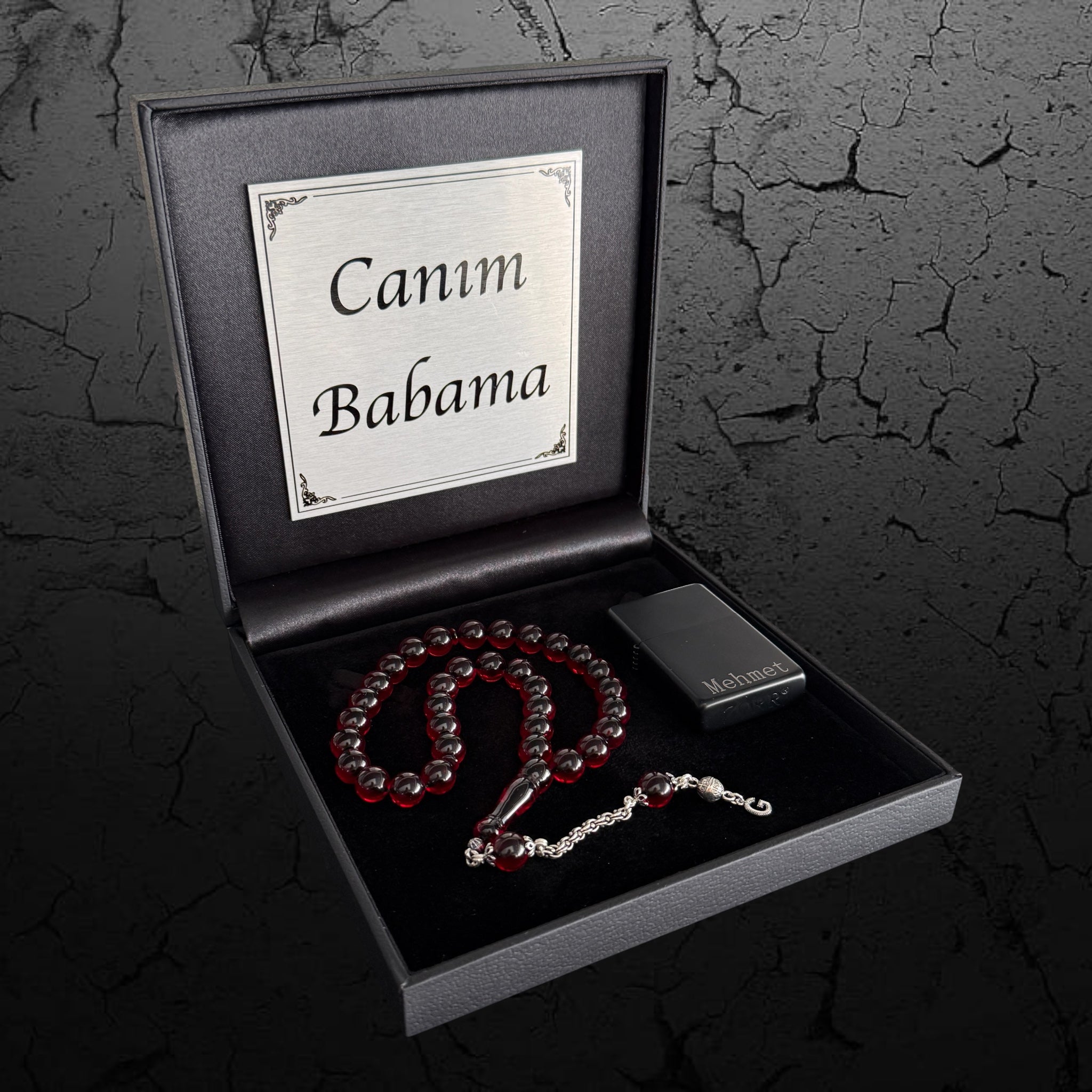 Kehribar Tesbih Sıkma Misket 925 Silber Rot 1 Buchstaben mit Feuerzeug und Geschenkbox