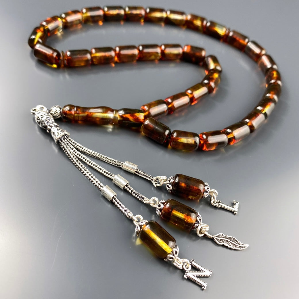 Kehribar Tesbih Braun Original mit 2 Buchstaben und Logo 925 Silber Holzbox