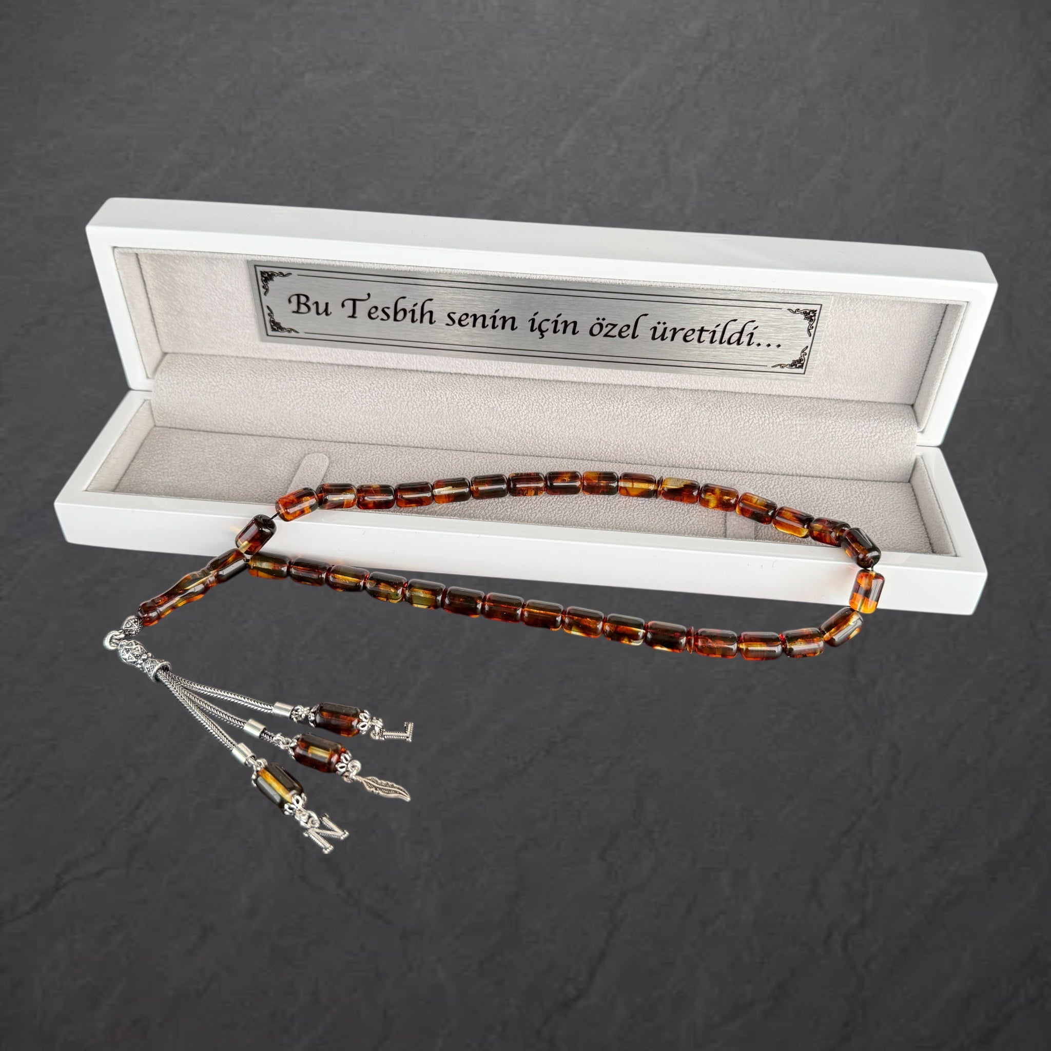Kehribar Tesbih Braun Original mit 2 Buchstaben und Logo 925 Silber Holzbox