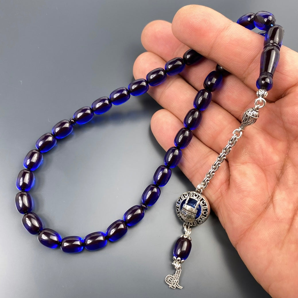 Tesbih Özel SIKMA Kehribar Mavi Mekke / Beytullah Logo