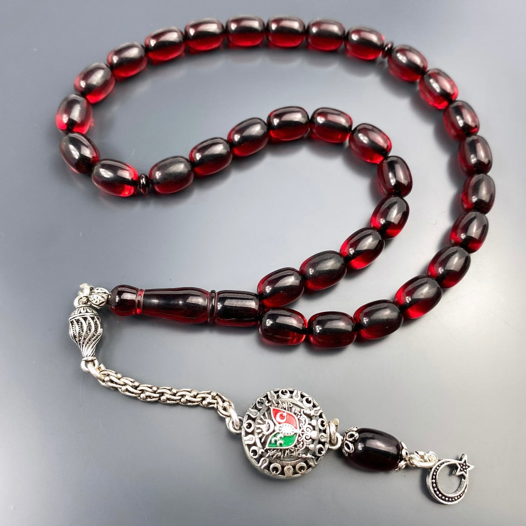 Tesbih Özel SIKMA Kehribar Kirmizi Osmanli Arma Logo