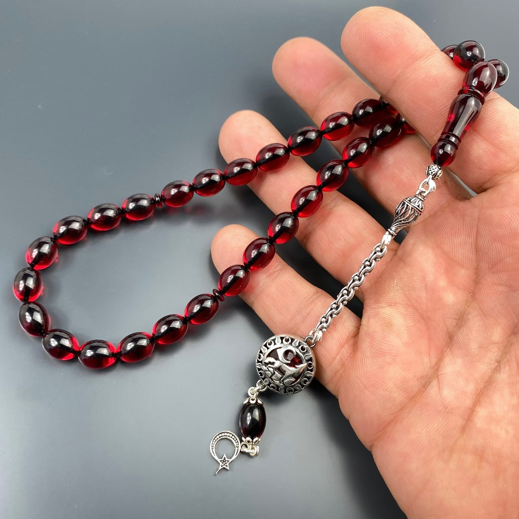 Tesbih Özel SIKMA Kehribar Kirmizi Kurt Logo