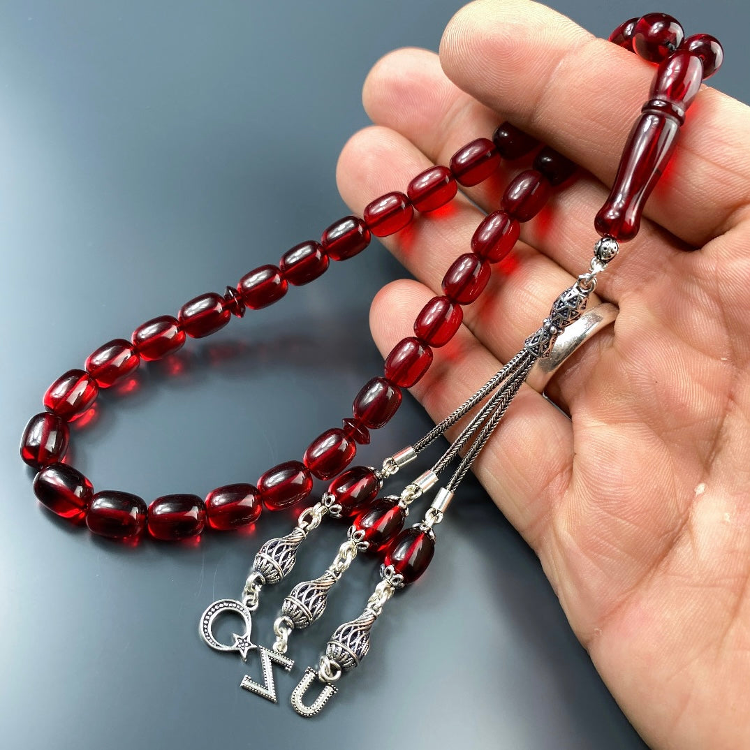 Kehribar Tesbih Rot Original mit 2 Buchstaben und Logo 925 Silber