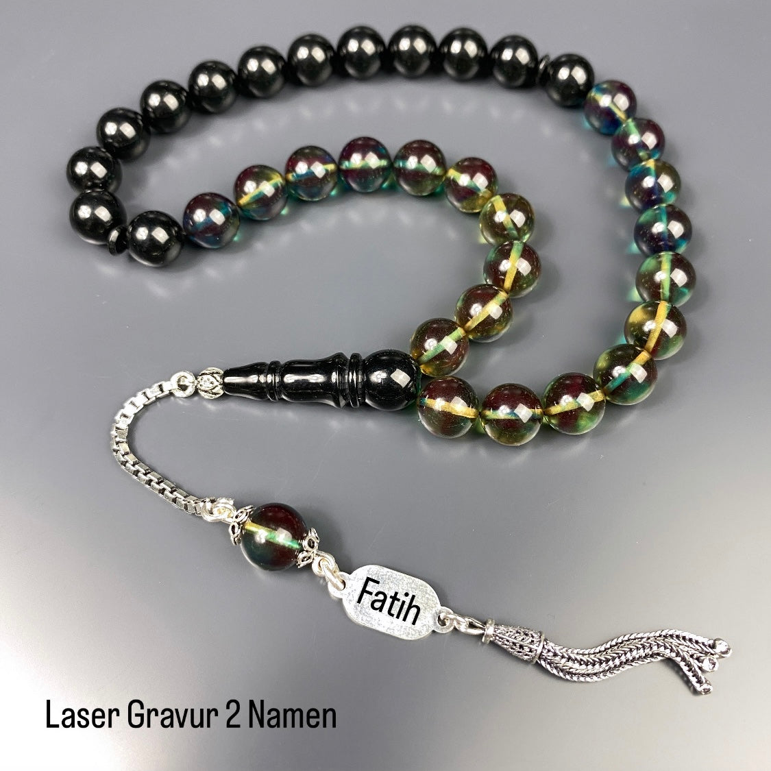 Tesbih SIKMA Kehribar 925 Silber personalisiert Laser Gravur 2 Namen