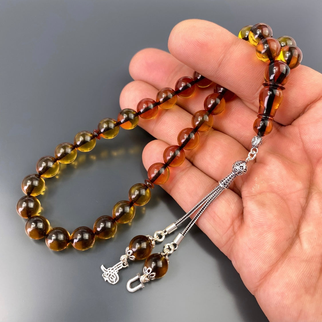 Tesbih Kehribar SIKMA Logo & Buchstabe 925 Silver