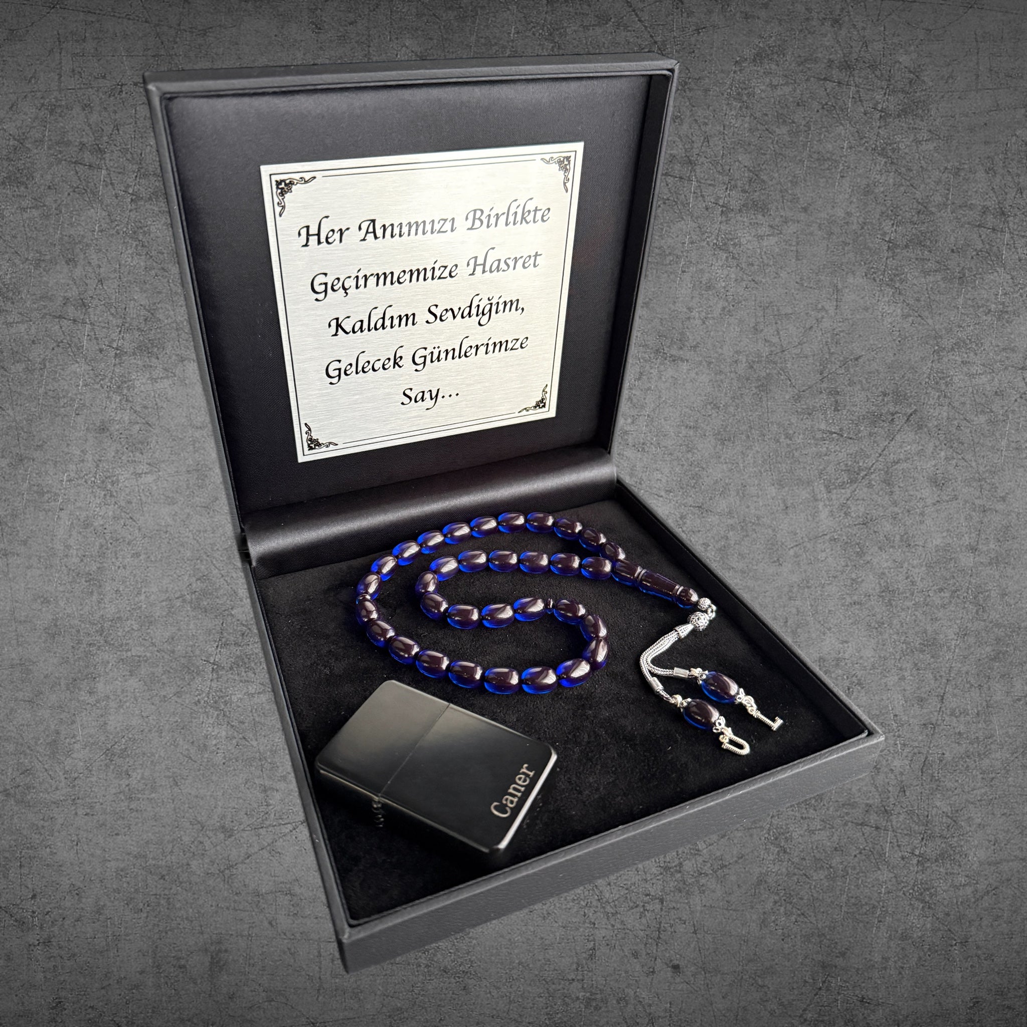 Kehribar Tesbih SIKMA Dunkel Blau Kapsül 925 Silber – Geschenkbox 4eckig