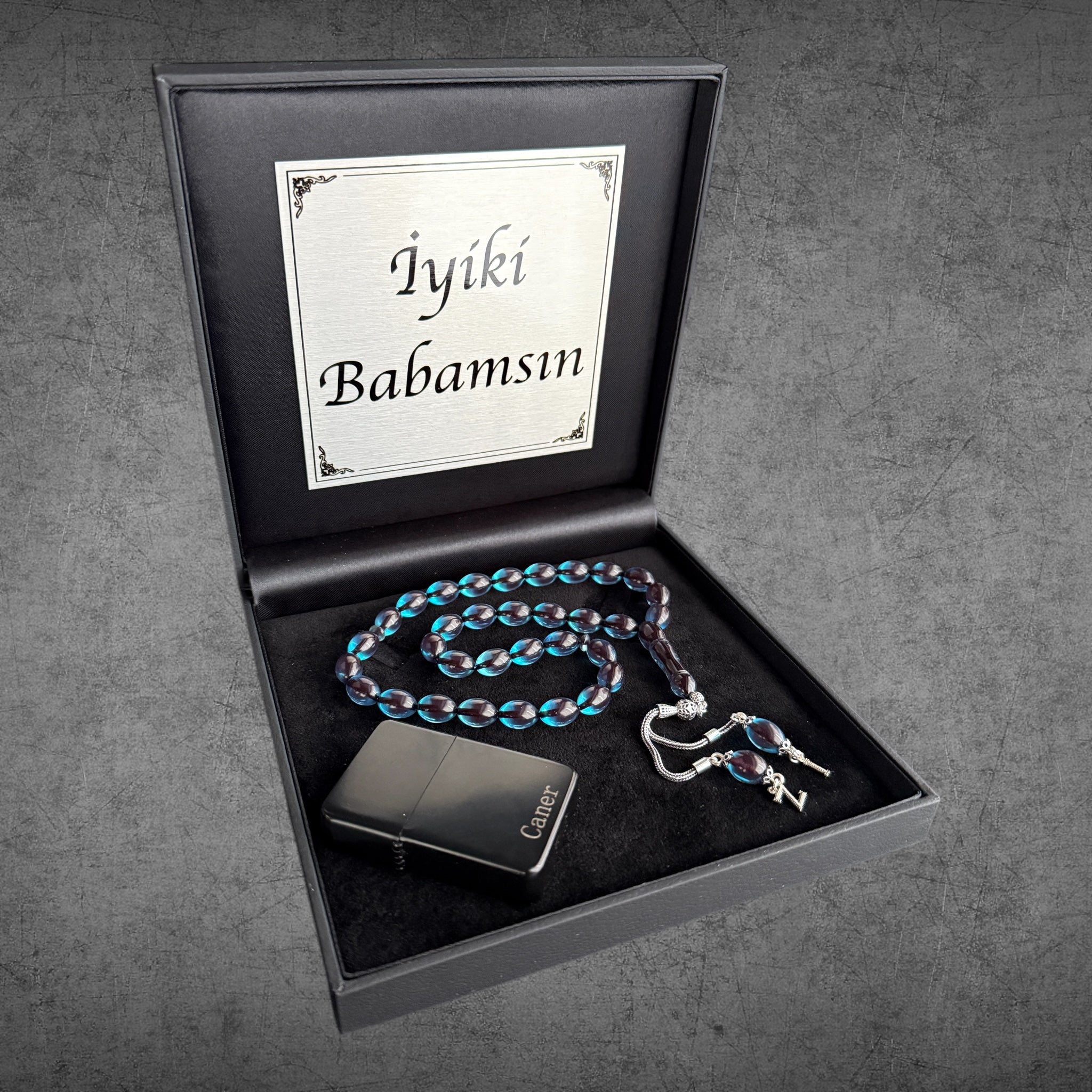 Kehribar Tesbih SIKMA Sky Blau Beyzi 925 Silber – Geschenkbox 4eckig