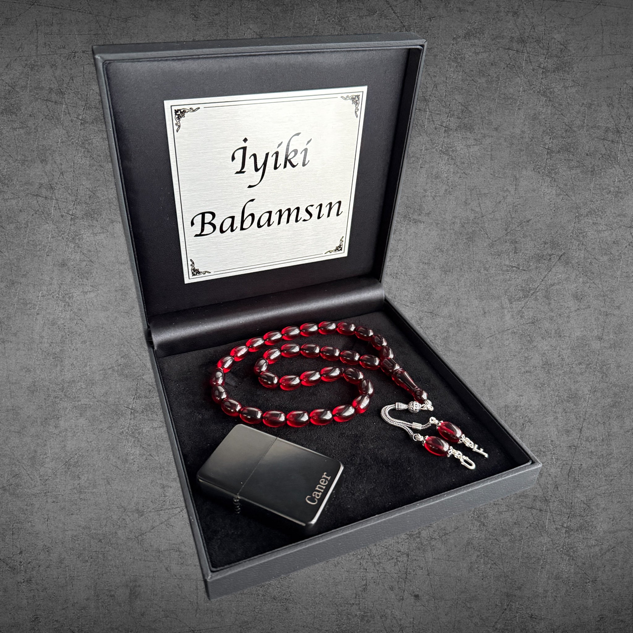 Kehribar Tesbih SIKMA Rot Kapsül 925 Silber – Geschenkbox 4eckig