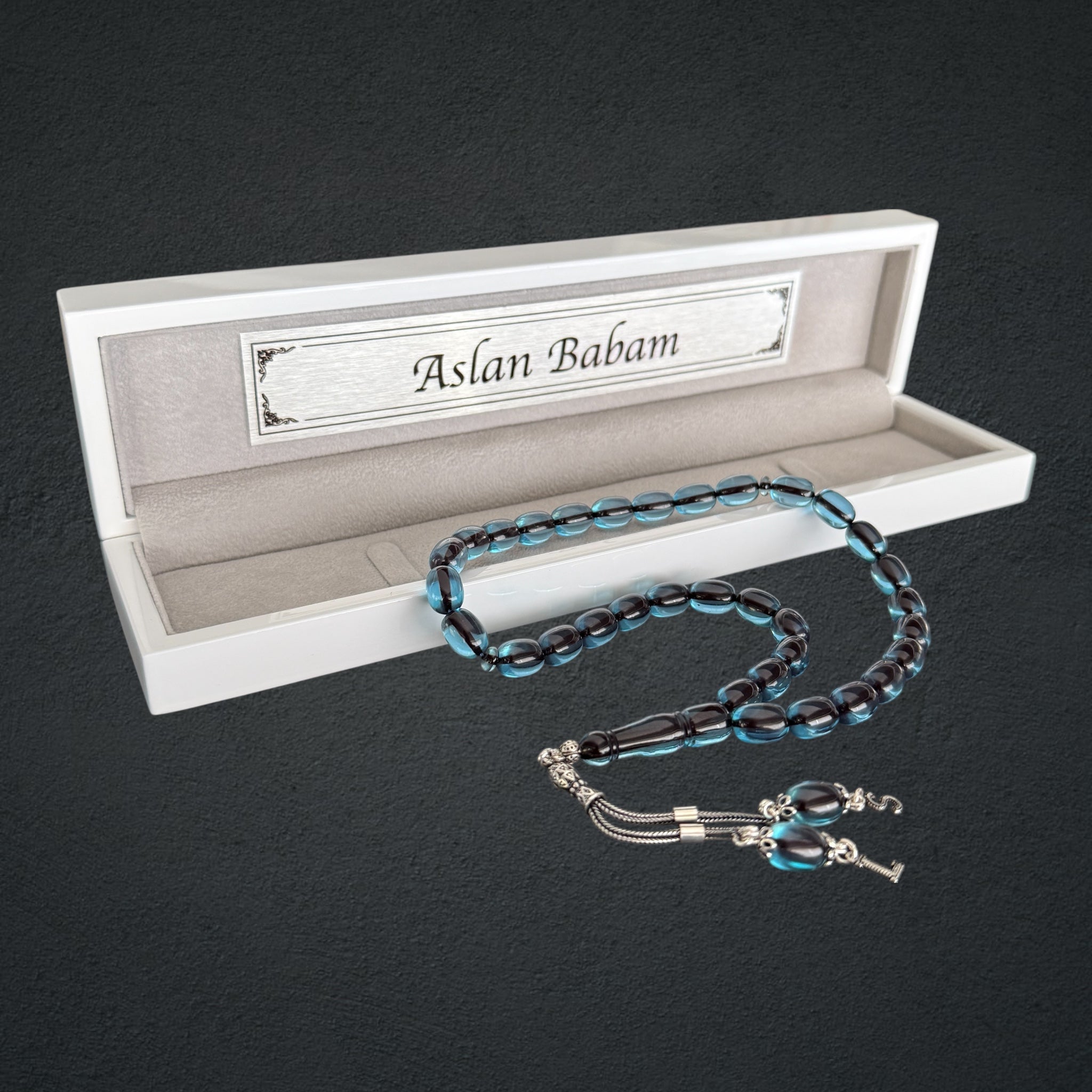 Kehribar Tesbih SIKMA Sky Blue 2 Buchstaben Kapsül mit Holzbox 925 Silber