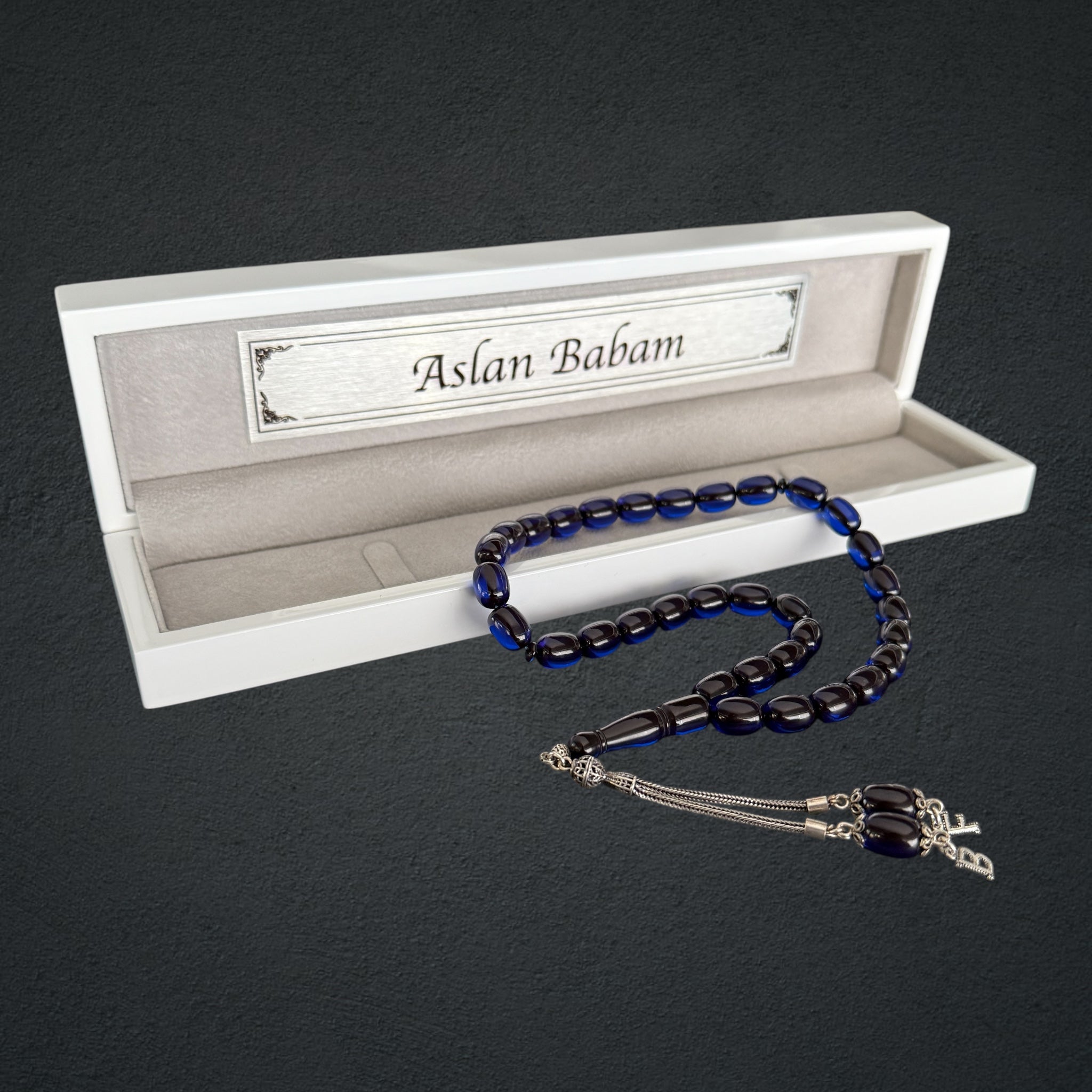 Kehribar Tesbih SIKMA Dark Blue 2 Buchstaben Kapsül mit Holzbox 925 Silber