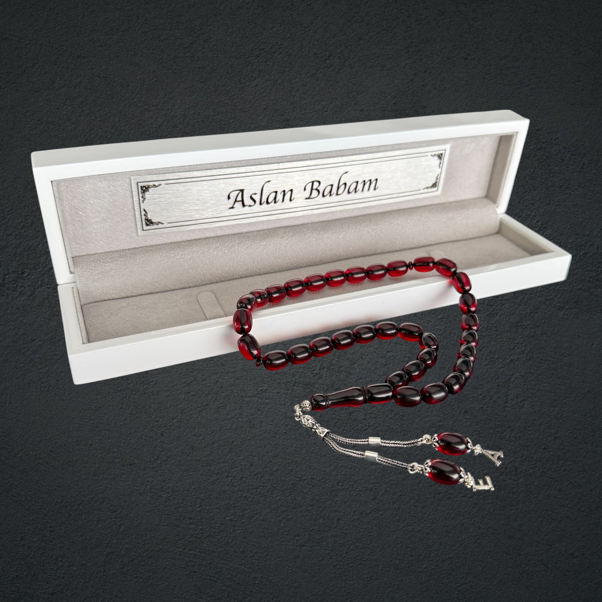 Kehribar Tesbih SIKMA Dark Rot 2 Buchstaben Kapsül mit Holzbox 925 Silber