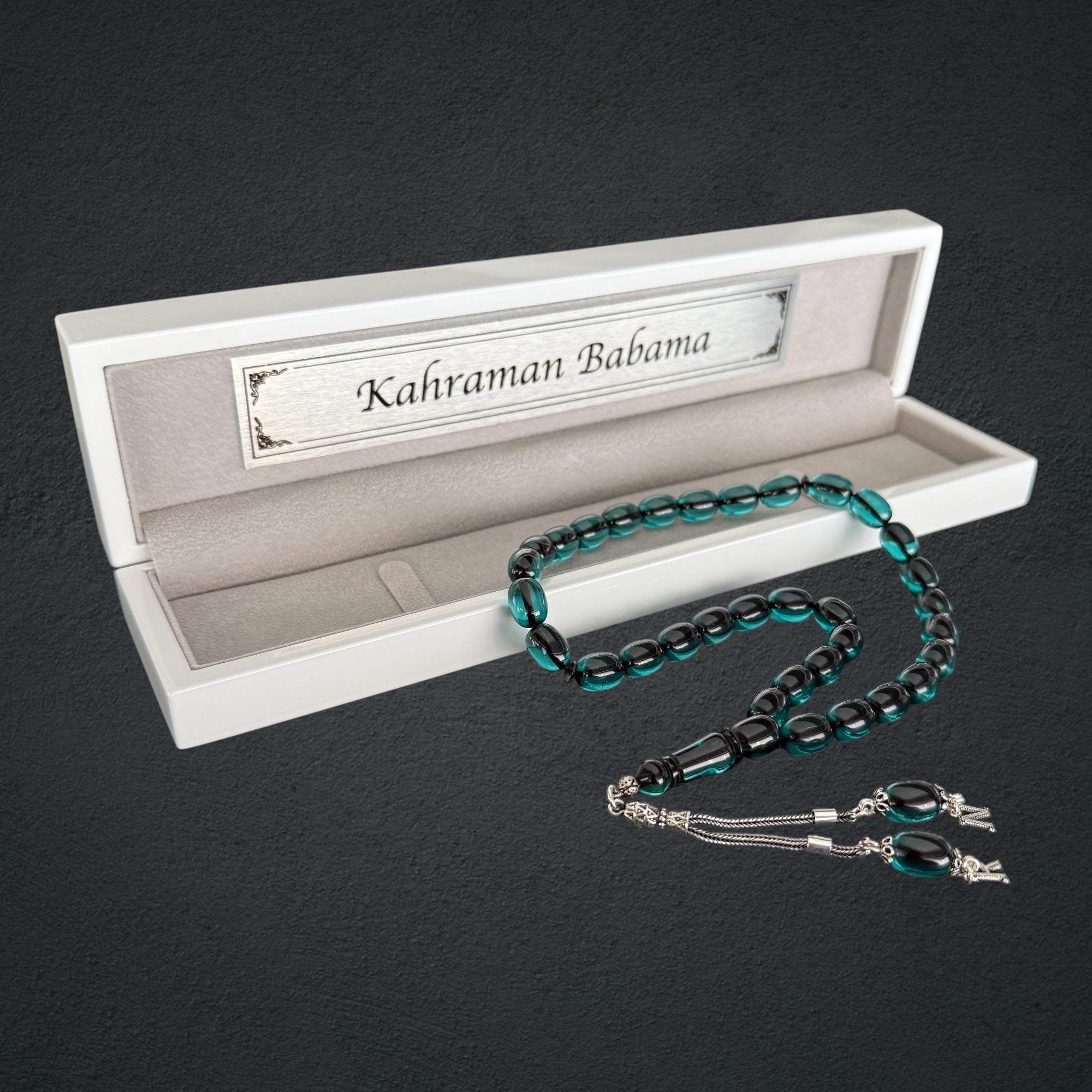 Kehribar Tesbih SIKMA Türkis 2 Buchstaben Kapsül mit Holzbox 925 Silber