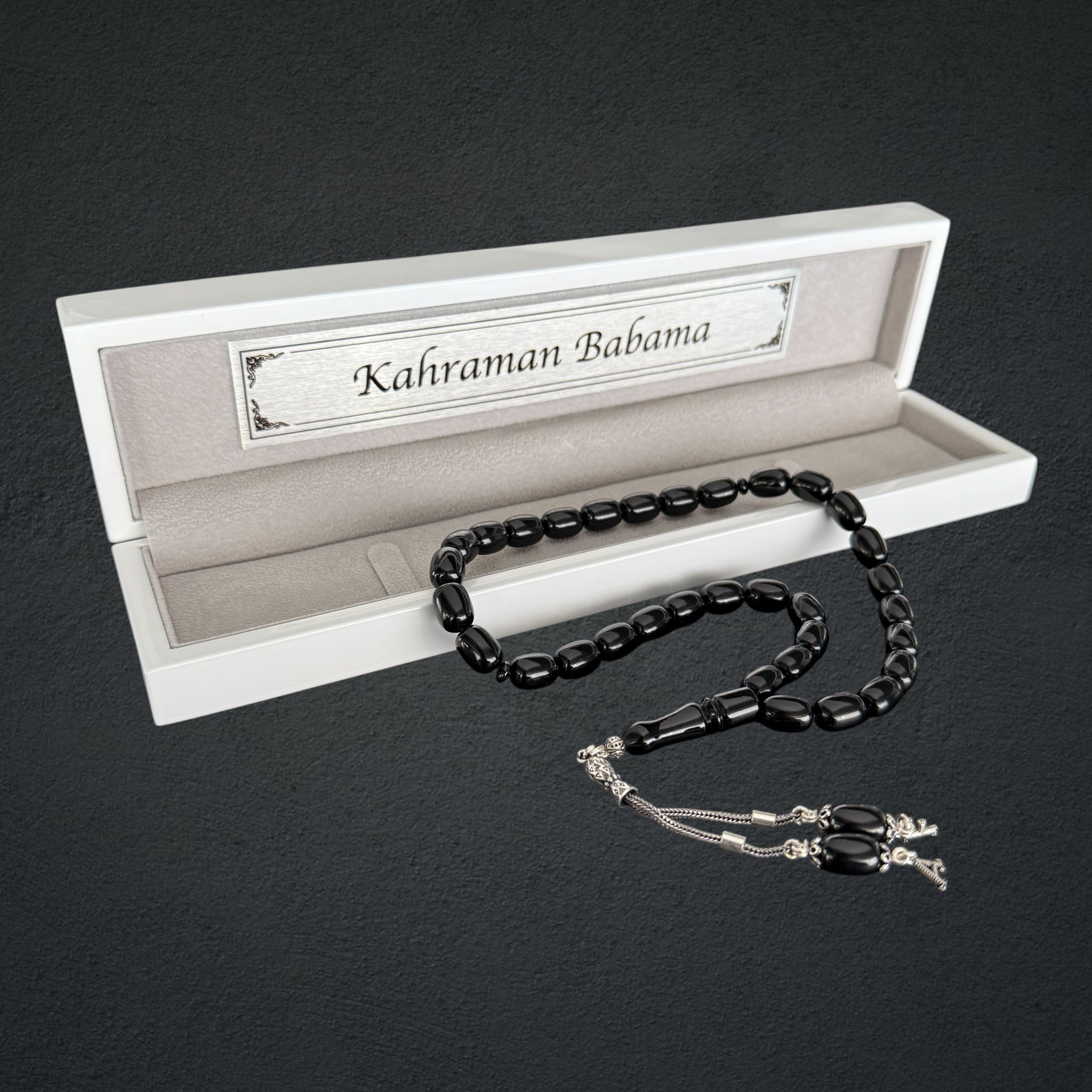 Kehribar Tesbih SIKMA Black 2 Buchstaben Kapsül mit Holzbox 925 Silber