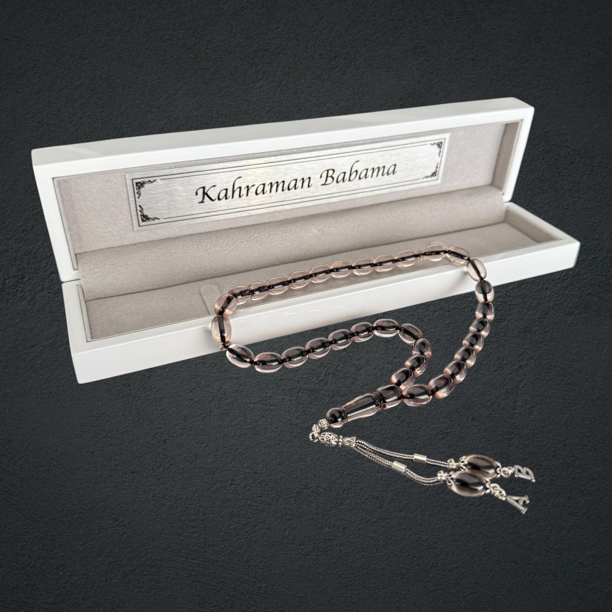 Kehribar Tesbih SIKMA Seffaf 2 Buchstaben Kapsül mit Holzbox 925 Silber