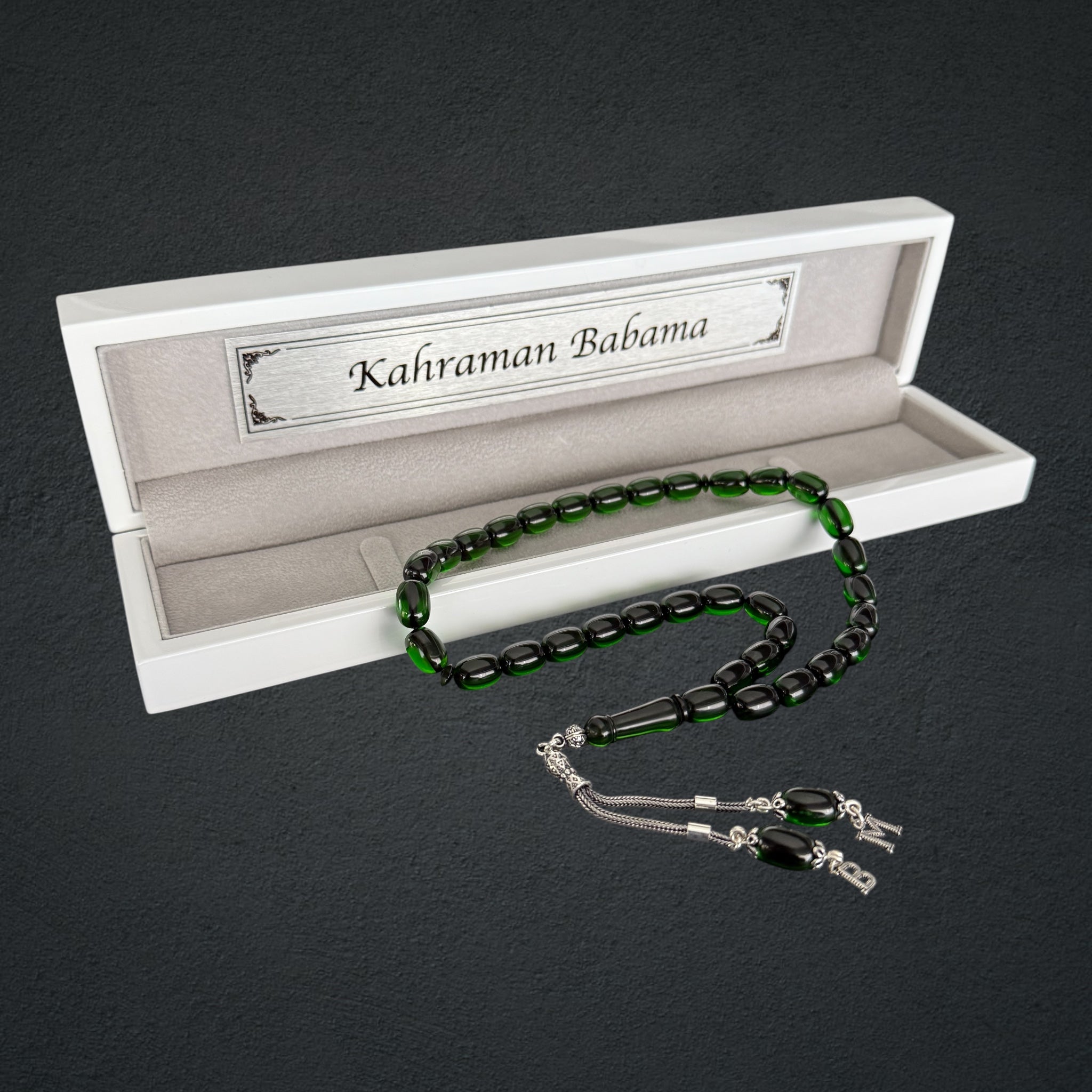 Kehribar Tesbih SIKMA Dark Grün 2 Buchstaben Kapsül mit Holzbox 925 Silber