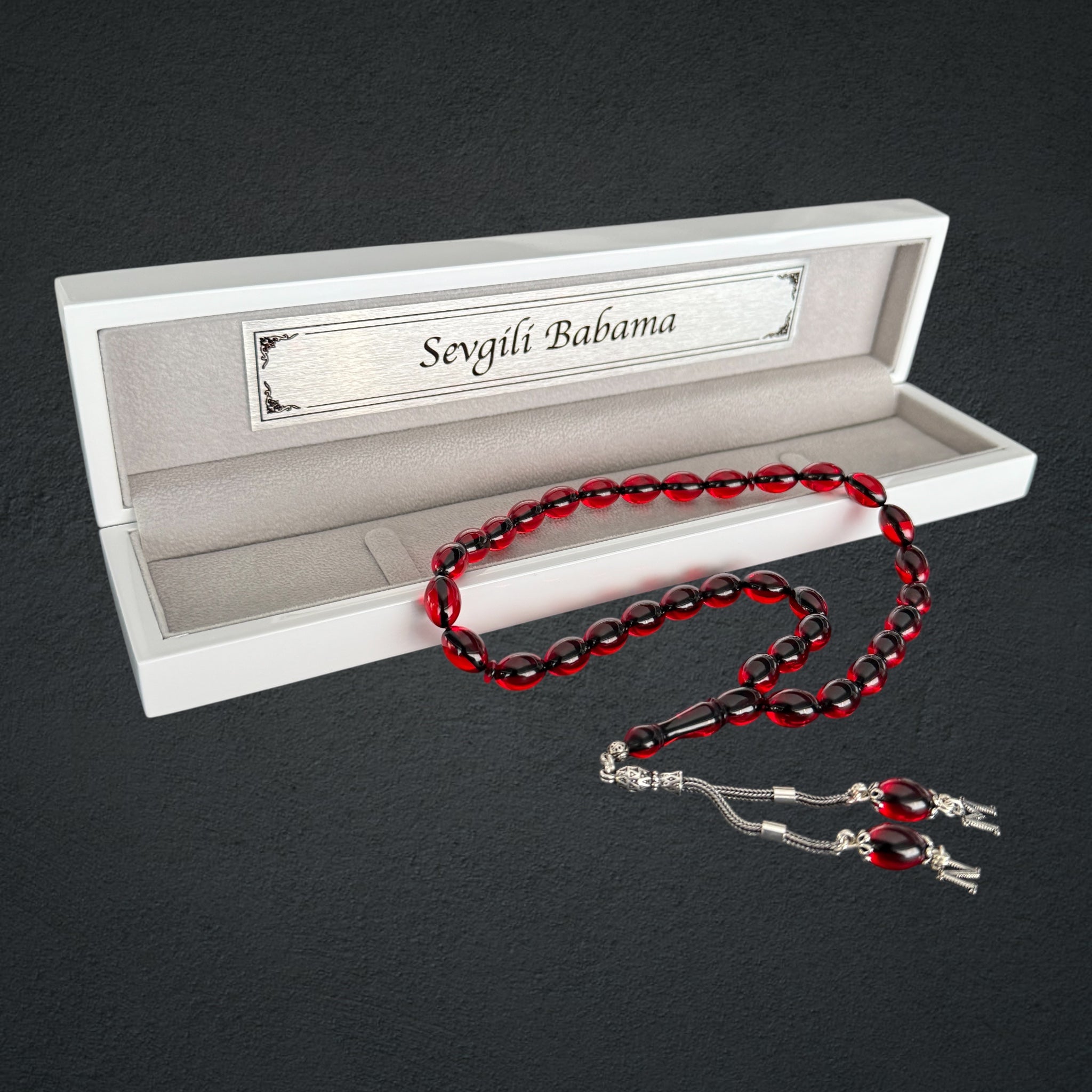 Kehribar Tesbih SIKMA Rot 2 Buchstaben Beyzi mit Holzbox 925 Silber