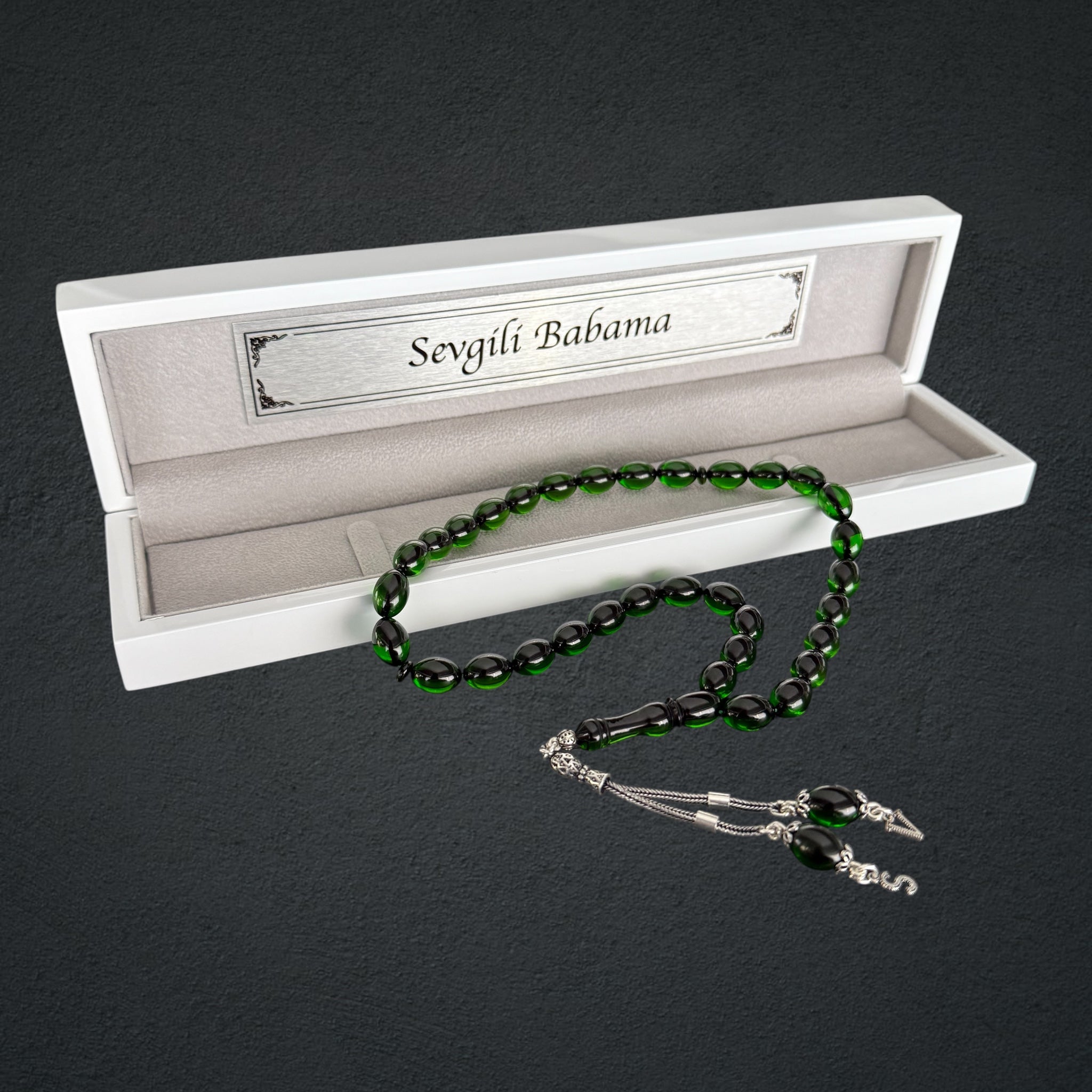 Kehribar Tesbih SIKMA Dark Grün 2 Buchstaben Beyzi mit Holzbox 925 Silber