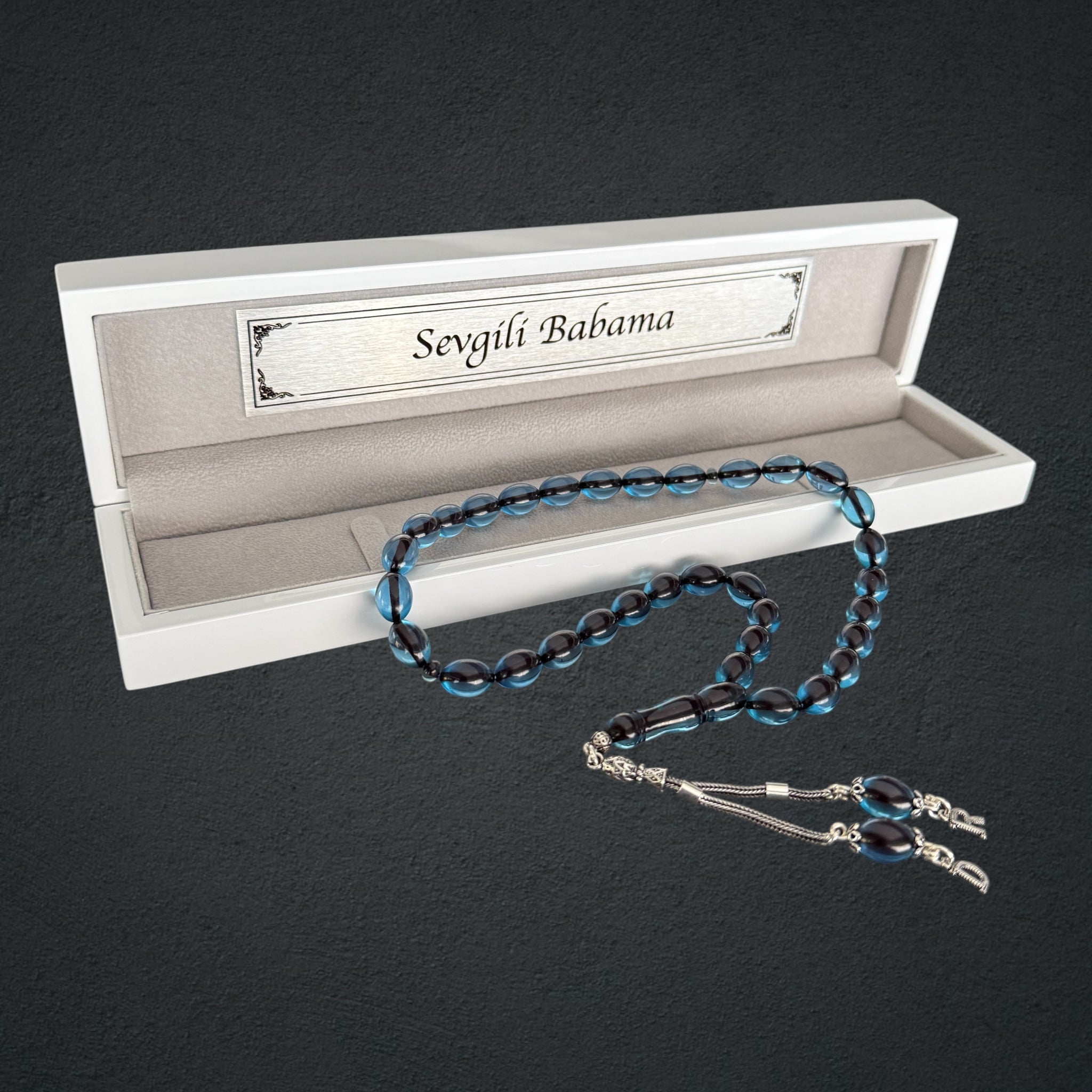 Kehribar Tesbih SIKMA Sky Blue 2 Buchstaben Beyzi mit Holzbox 925 Silber