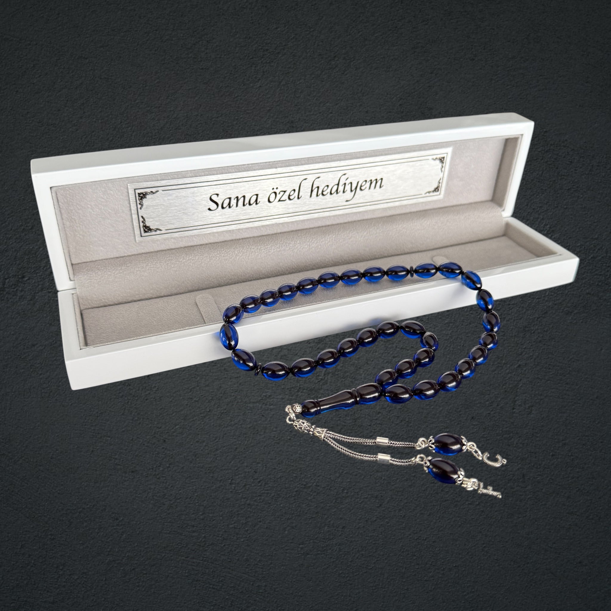 Kehribar Tesbih SIKMA Dark Blue 2 Buchstaben Beyzi mit Holzbox 925 Silber