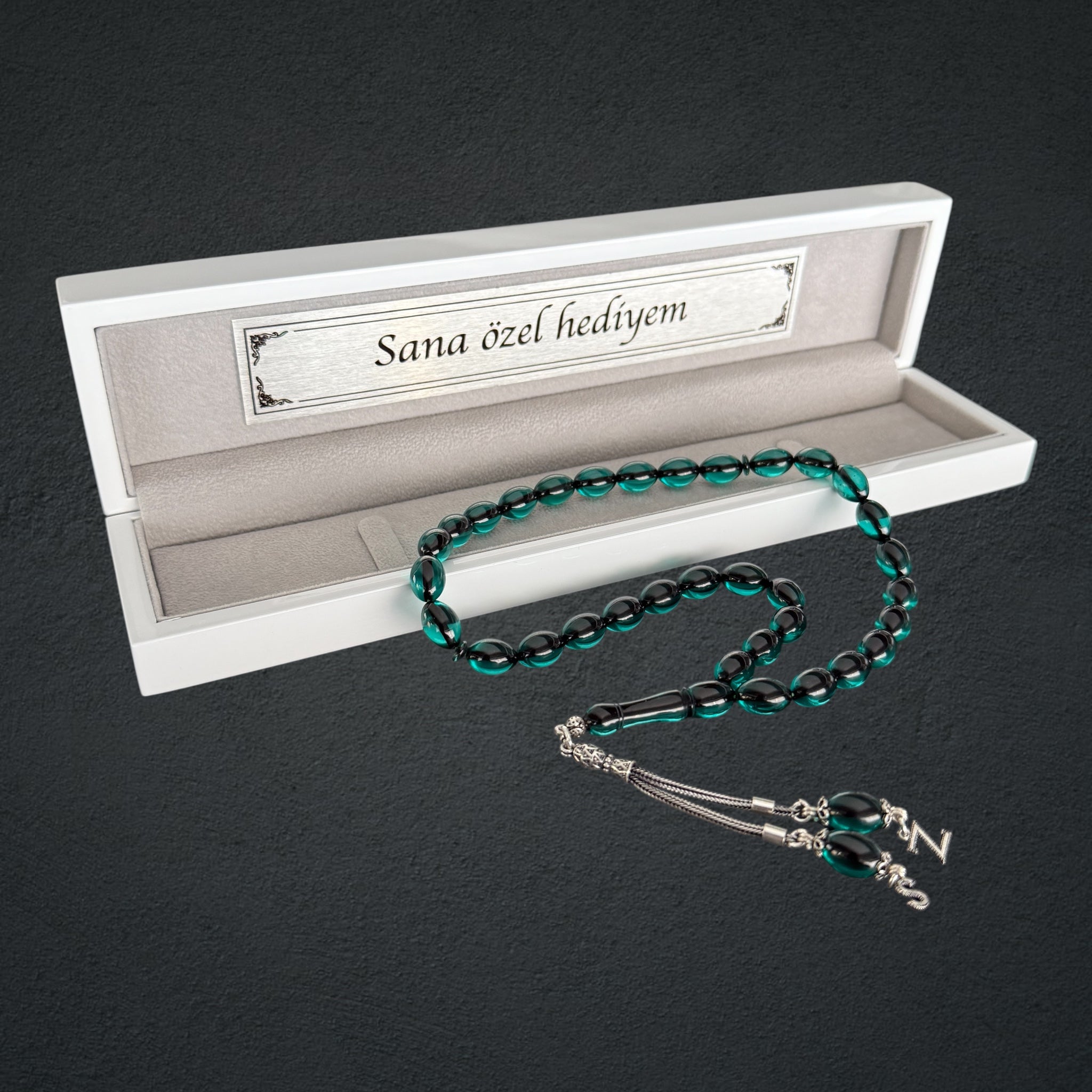 Kehribar Tesbih SIKMA Türkis 2 Buchstaben Beyzi mit Holzbox 925 Silber