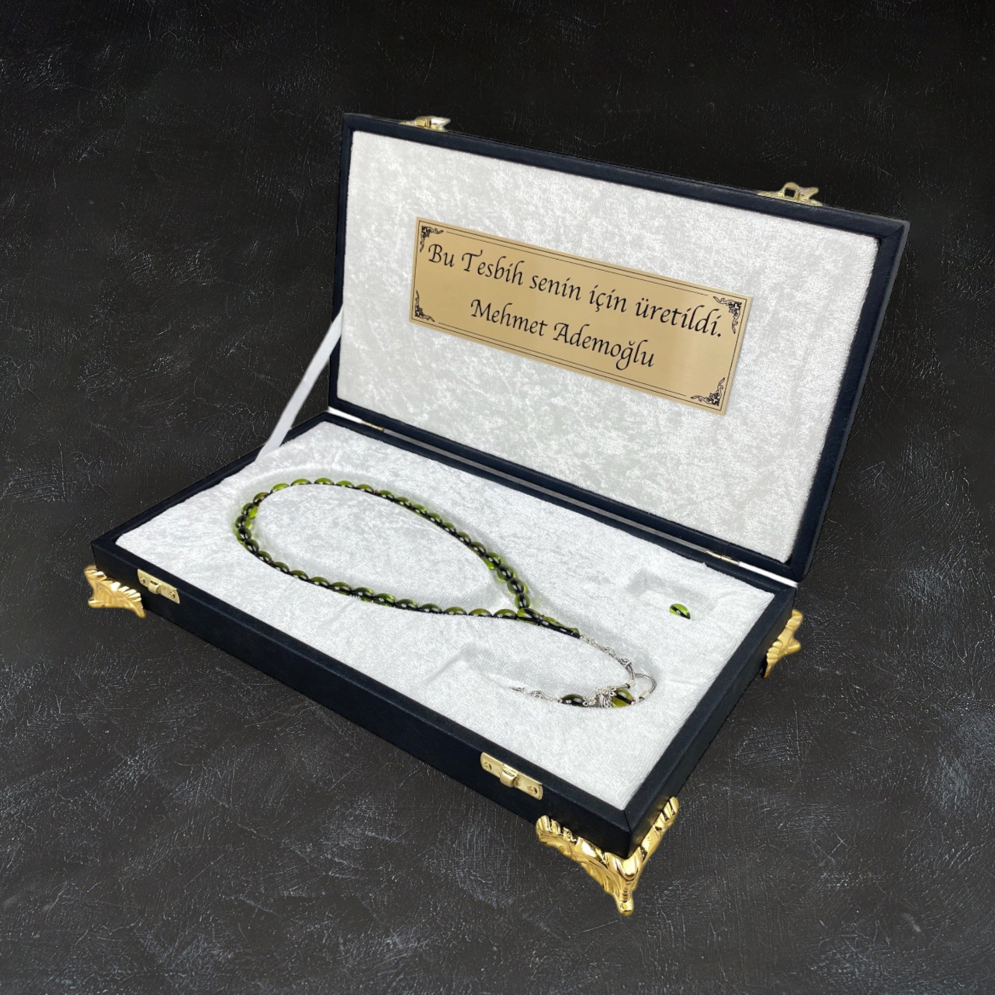 Tesbih Kehribar Sikma und Geschenkbox personalisiert mit einem Wunschtext Geschenk etui islamische geschenke perlenkette männerschmuck Kehribar tesbih Feuerzug mit Namen personalisiert Mekka mekke ayet el kürsi islamische geschenk box