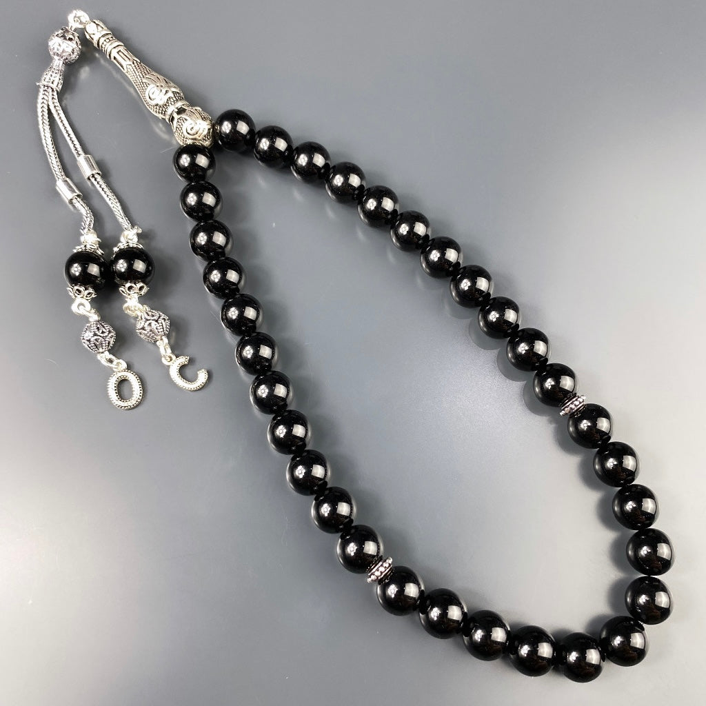 Tesbih / Gebetskette Onyx Glanz Tugra Logo 925 Silber 2 Buchstaben