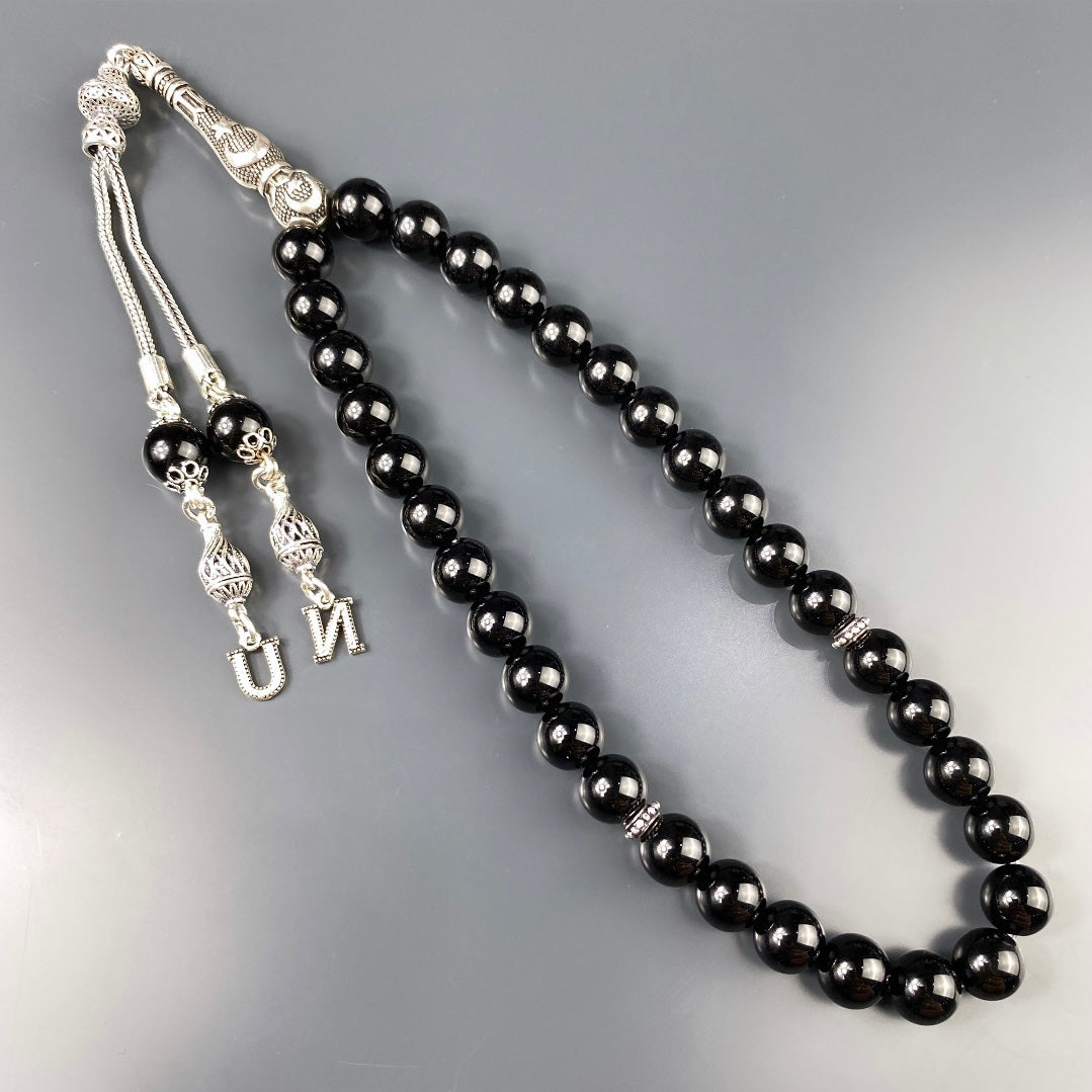 Tesbih / Gebetskette Onyx Glanz Ay Yildiz Logo 925 Silber 2 Buchstaben