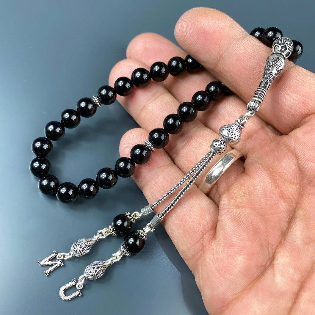 Tesbih / Gebetskette Onyx Glanz Ay Yildiz Logo 925 Silber 2 Buchstaben