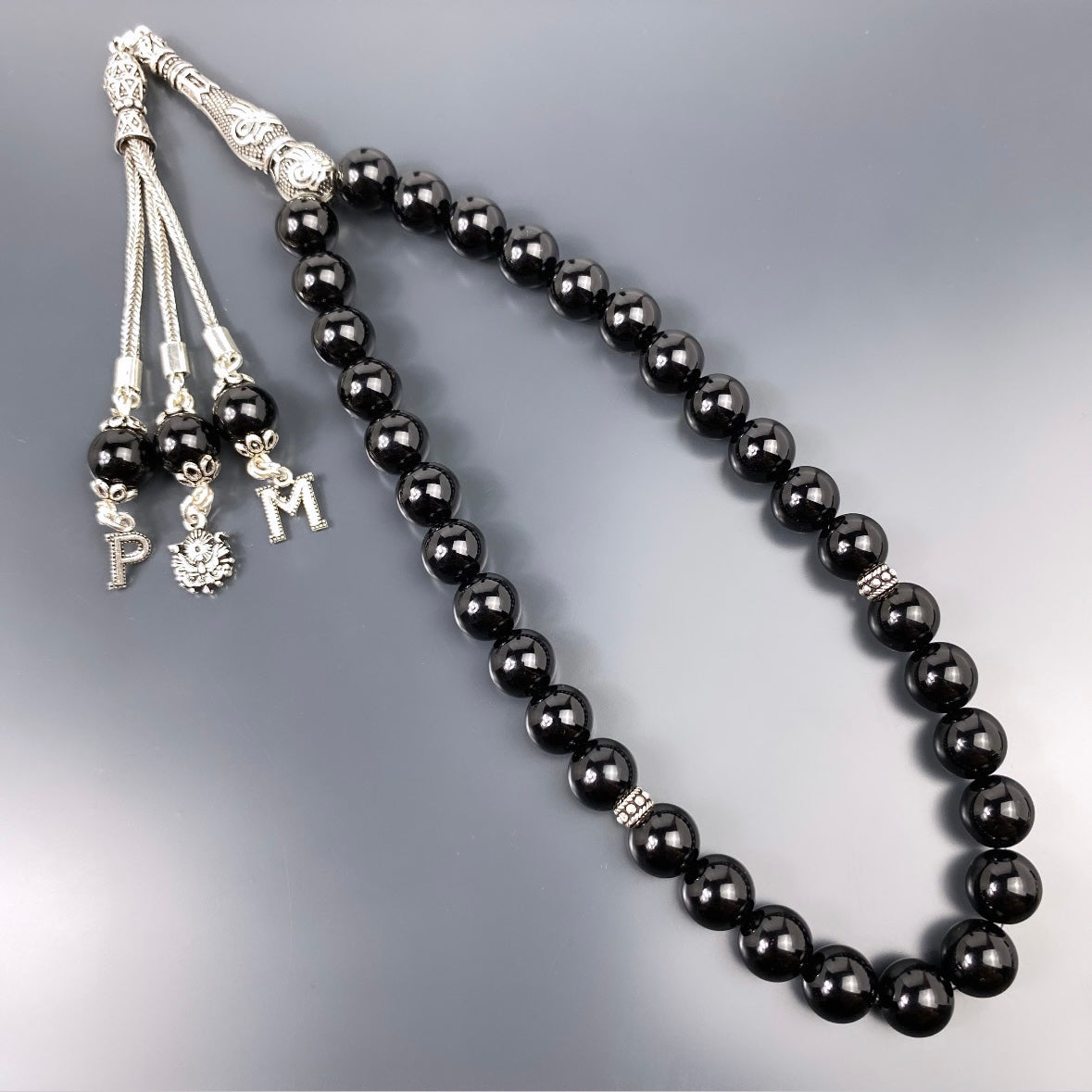 Tesbih Onyx Glanz 925 Silber mit Logo und 2 Buchstaben