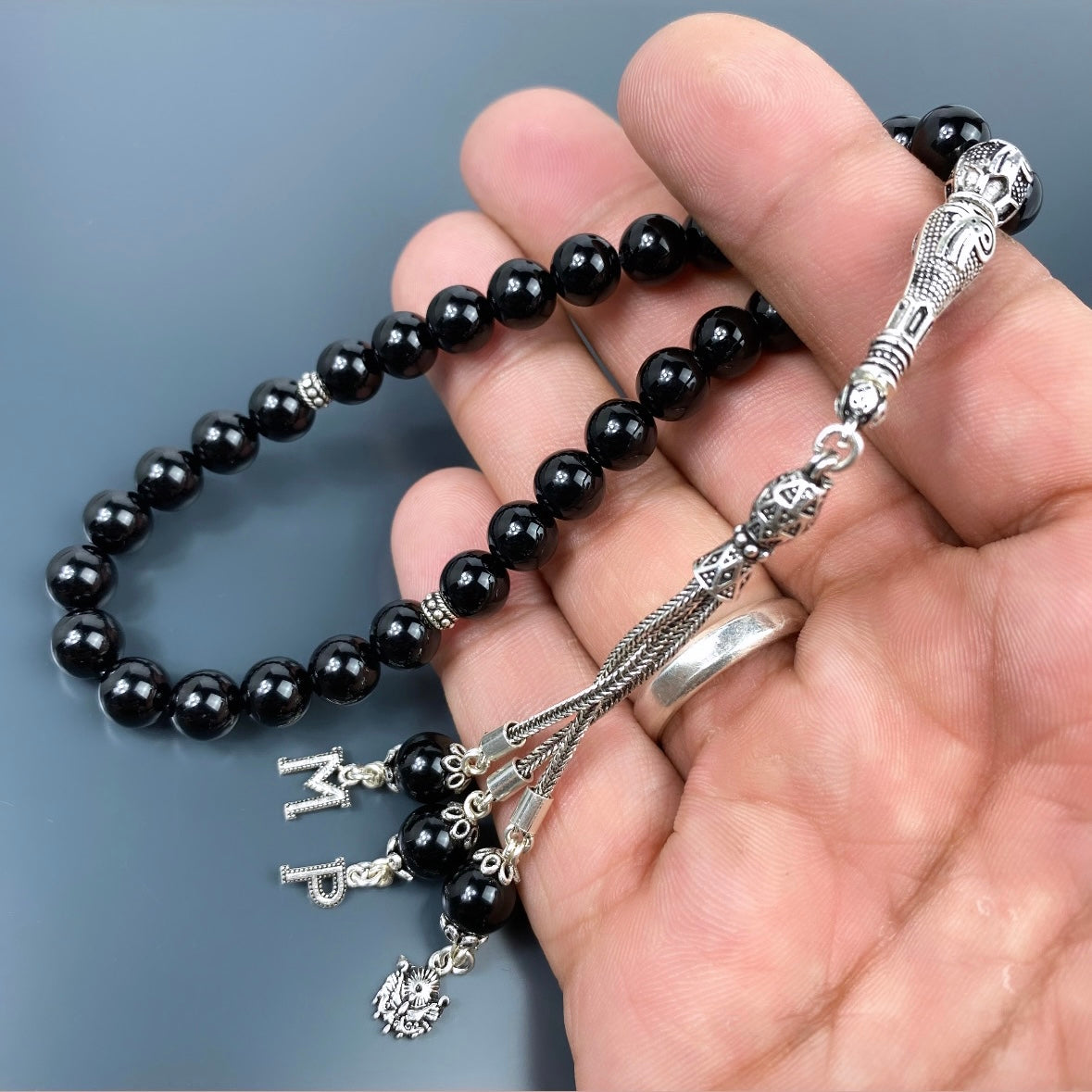 Tesbih Onyx Glanz 925 Silber mit Logo und 2 Buchstaben