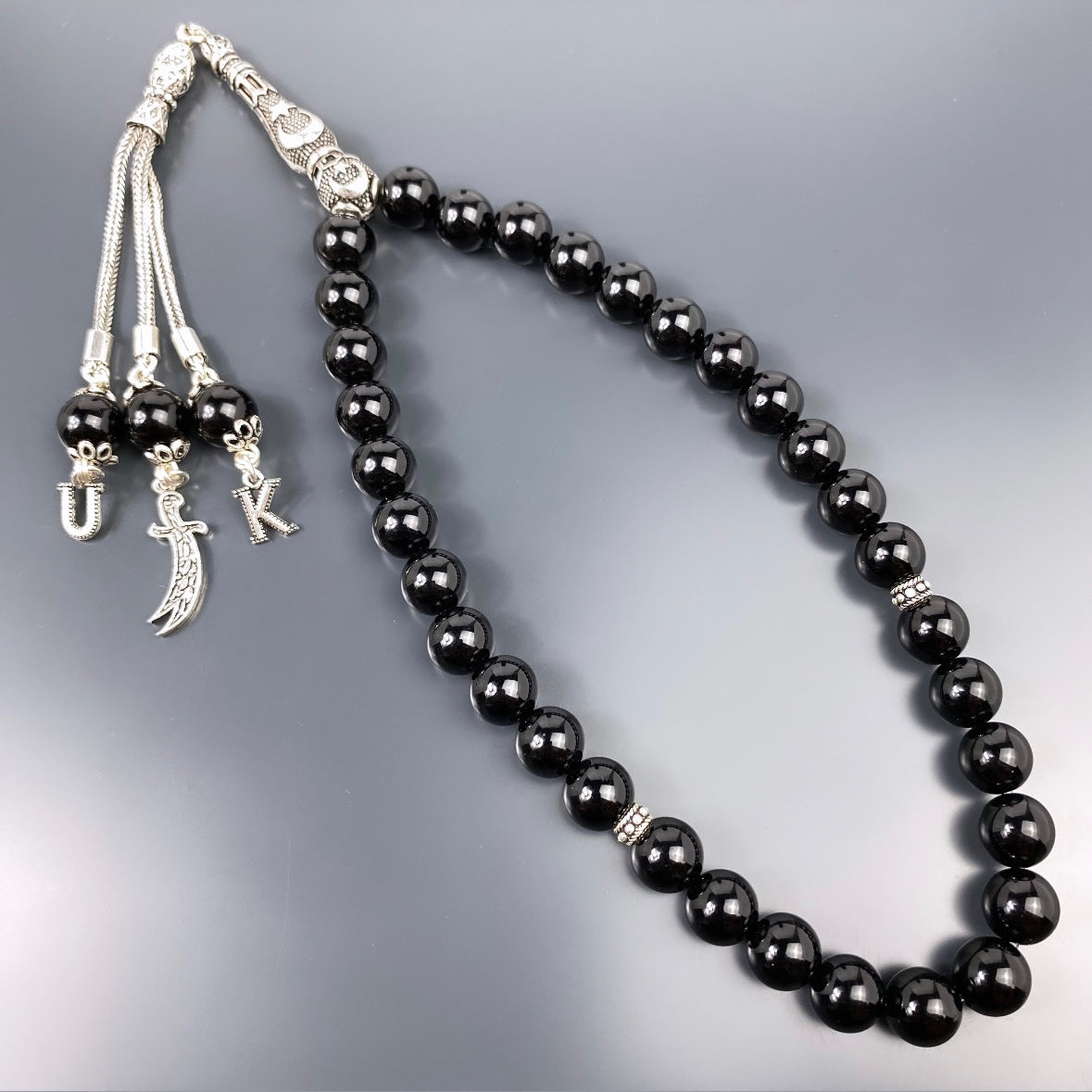 Tesbih Onyx Glanz 925 Silber mit Logo und 2 Buchstaben