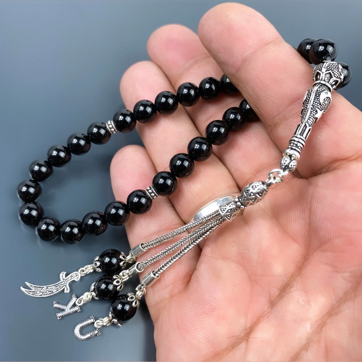 Tesbih Onyx Glanz 925 Silber mit Logo und 2 Buchstaben