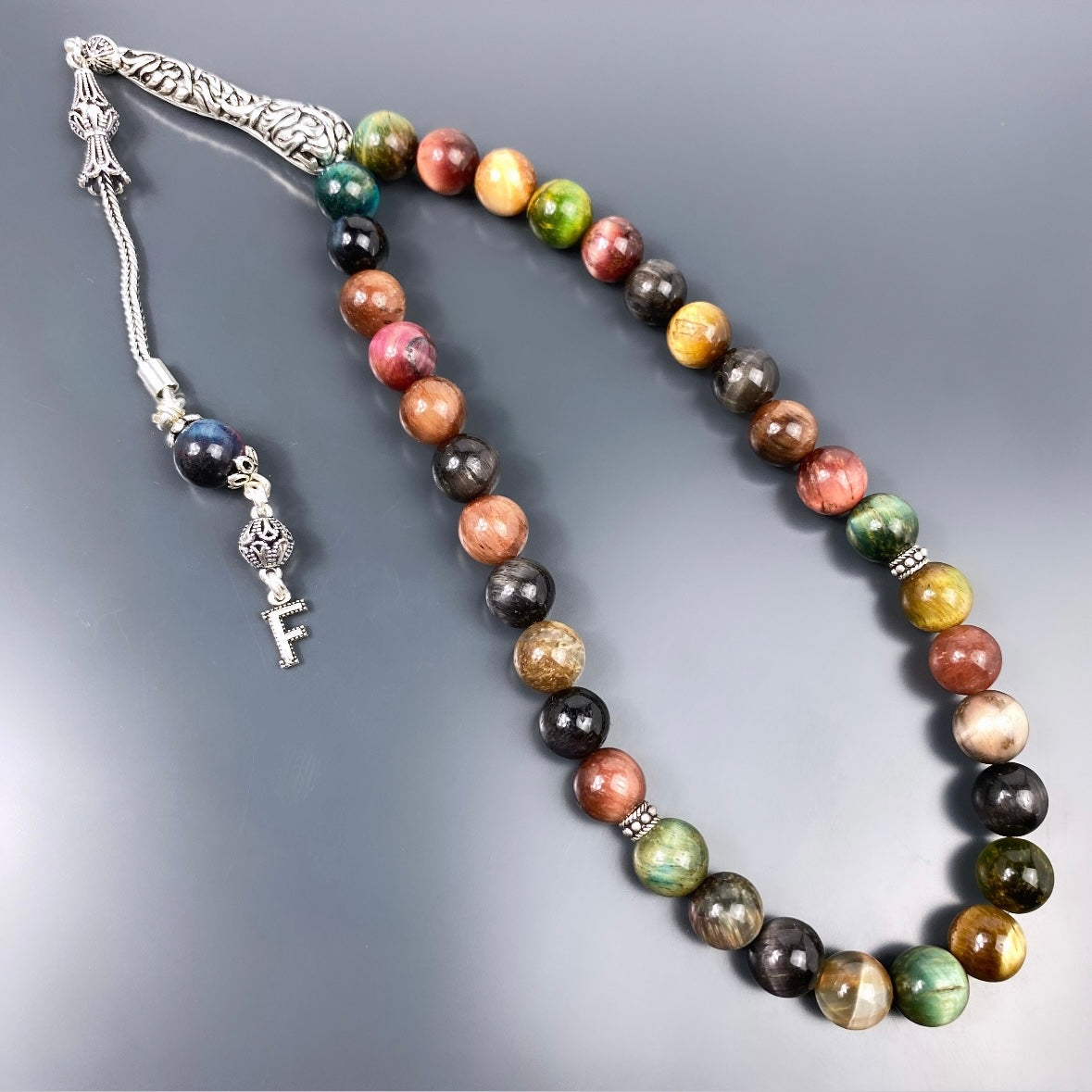 Tesbih Tigerauge Mix Glanz 925 Silber mit 1 Buchstaben