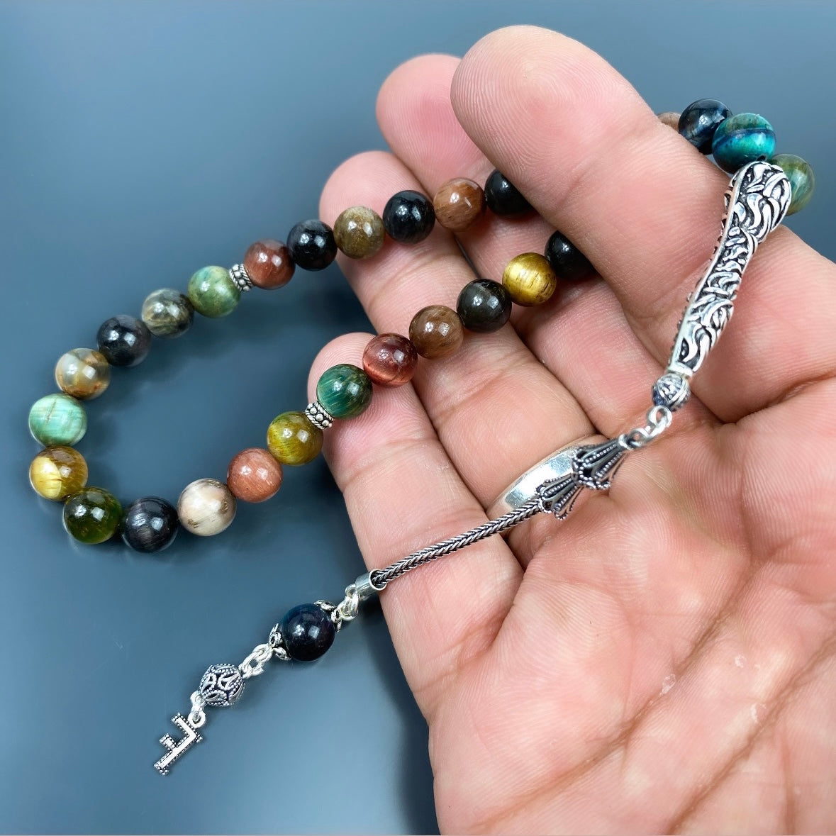 Tesbih Tigerauge Mix Glanz 925 Silber mit 1 Buchstaben