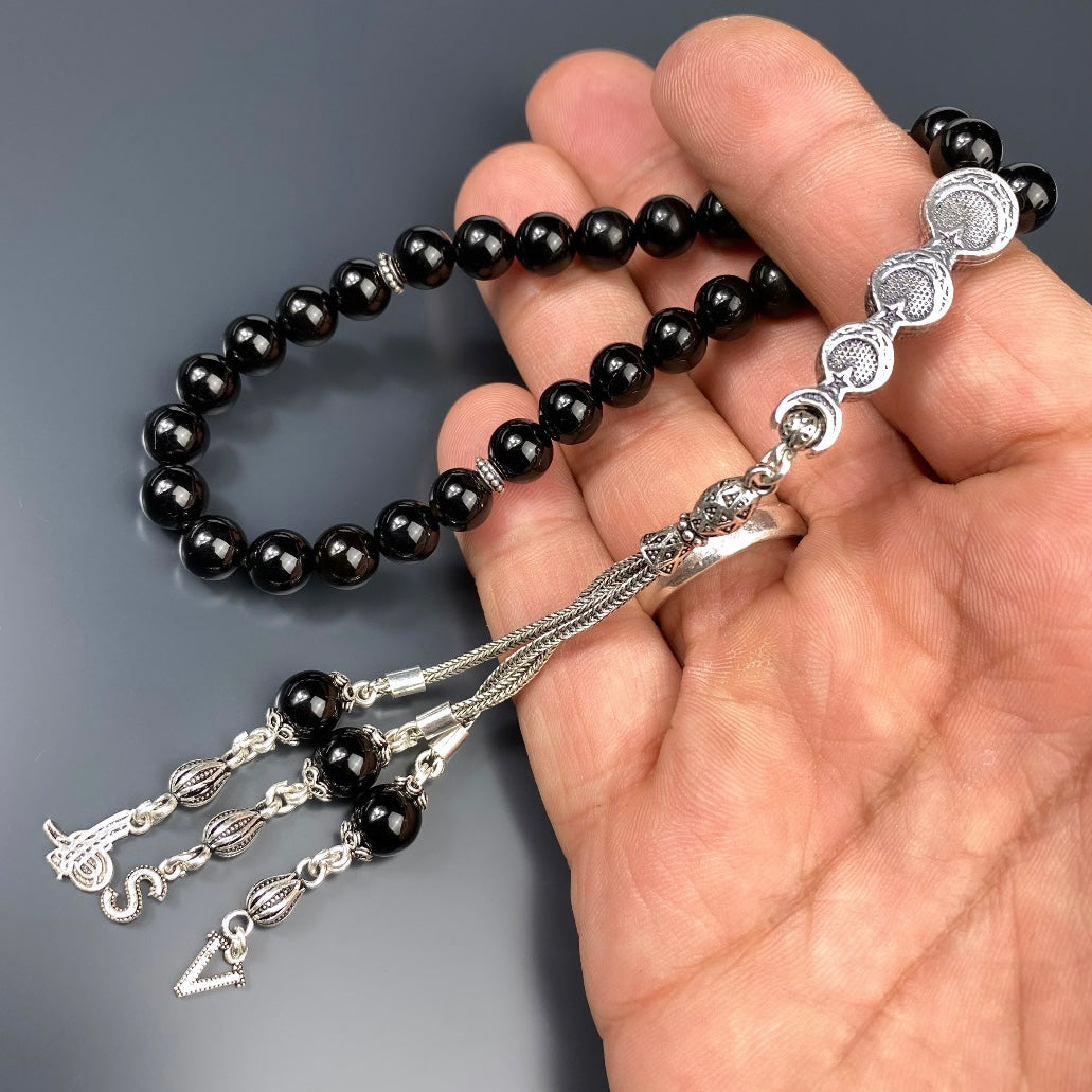 Tesbih Naturstein Onyx Glanz 3lü Ay Yildiz Logo Özel Gümüs