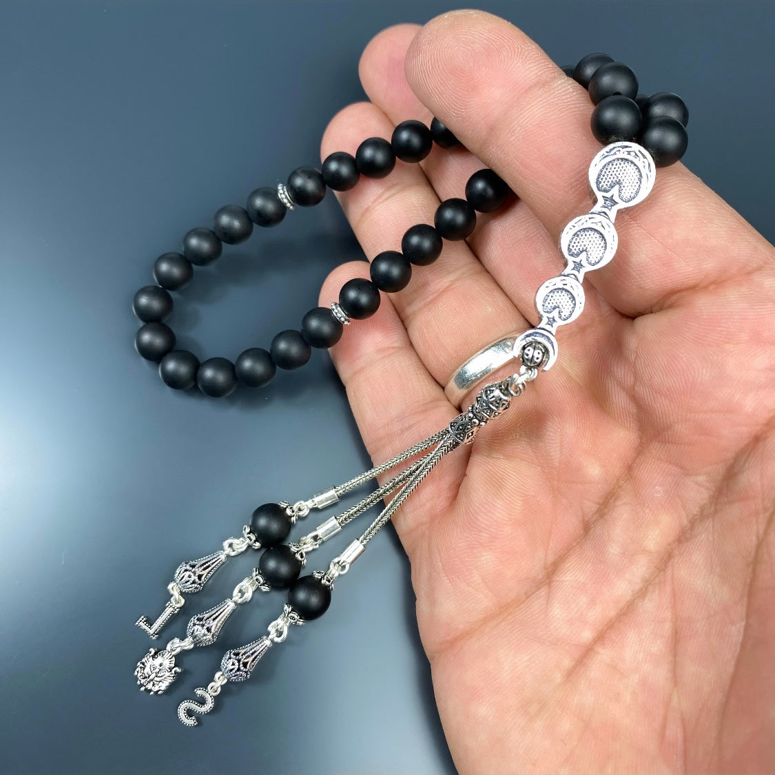 Tesbih Naturstein Onyx Matt 3lü Ay Yildiz Logo Özel Gümüs