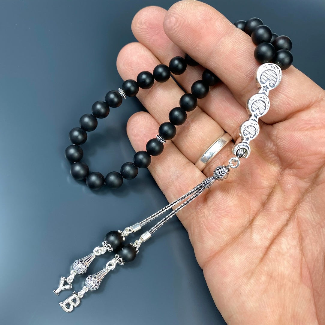 Tesbih Naturstein Onyx Matt Özel Gümüs 3lü Ay Yildiz Tasarim