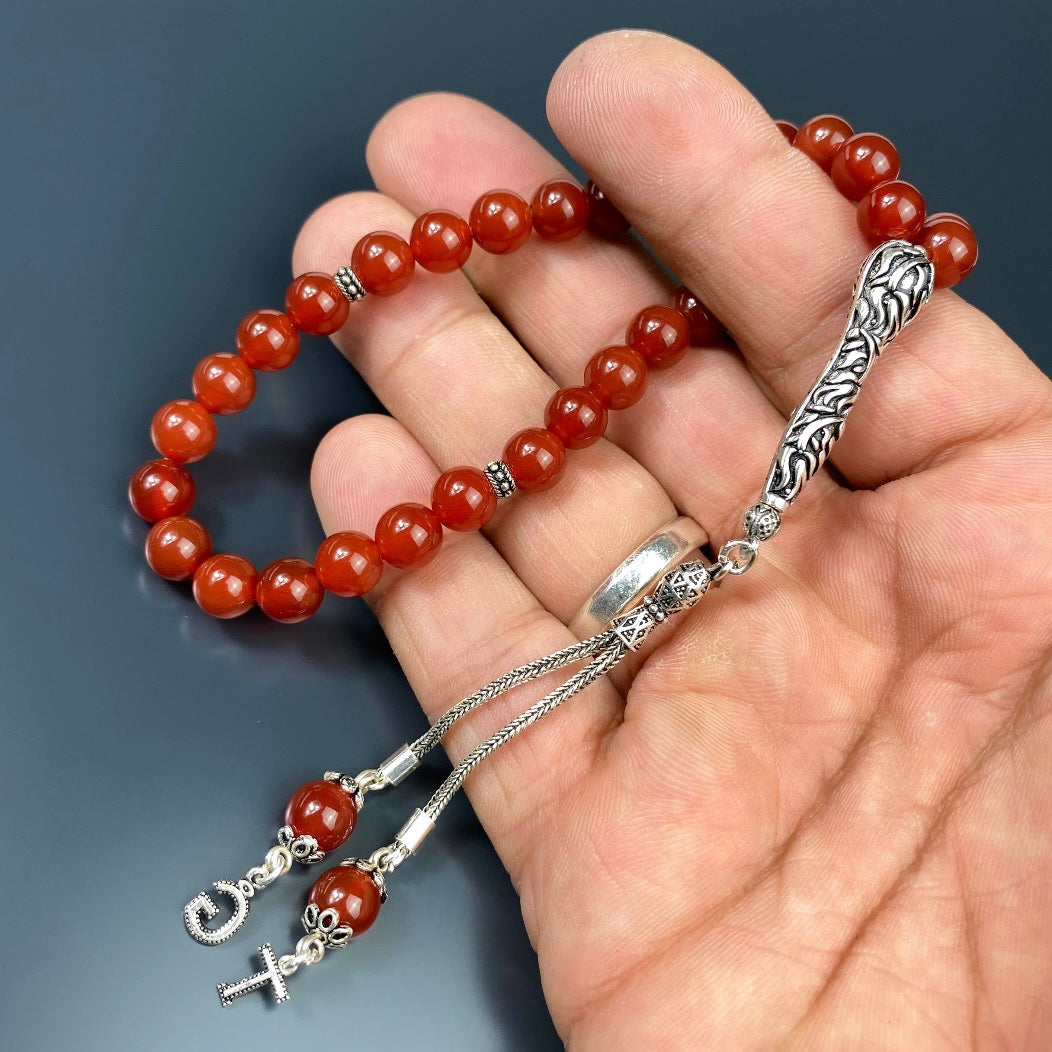 Tesbih Naturstein Akik 925 Silber mit Logo und 2 Buchstaben