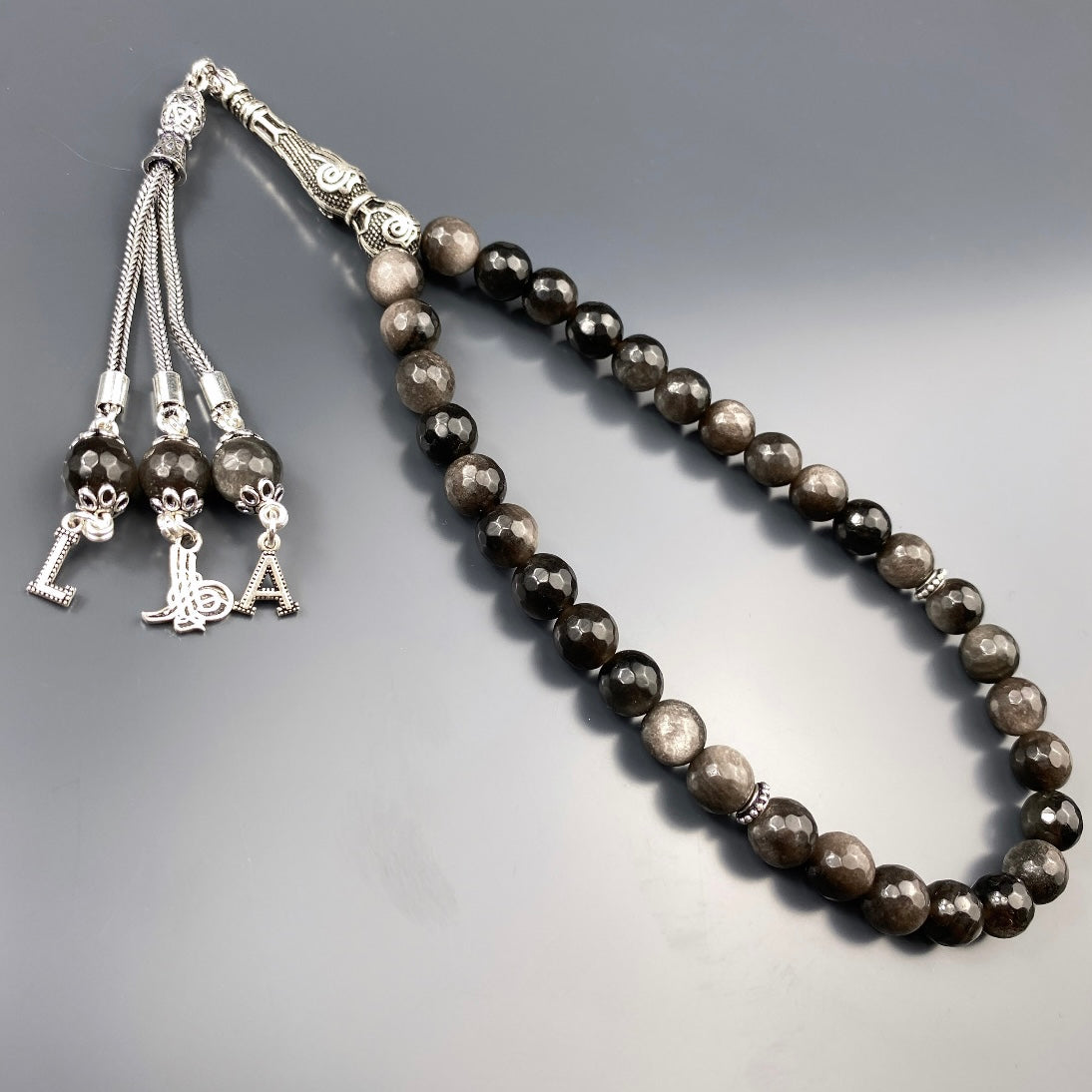 Tesbih Obsidian Silver Facettiert Naturstein 2 Buchstaben & Logo personalisiert 925 Silber