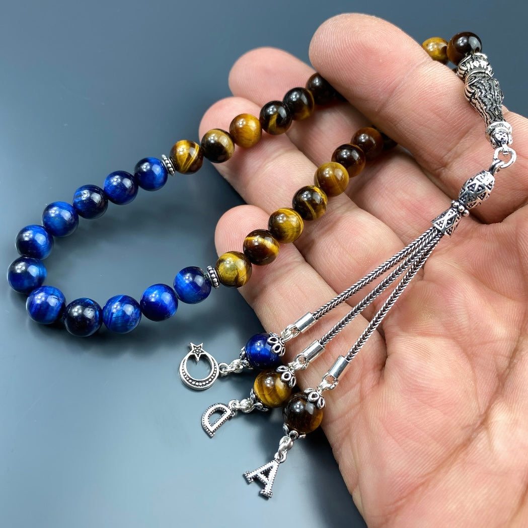 Tesbih Tigerauge Mix 2 Buchstaben & Logo personalisiert 925 Silber