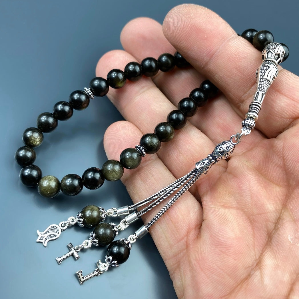 Tesbih Obsidian Gold 2 Buchstaben & Logo personalisiert 925 Silber