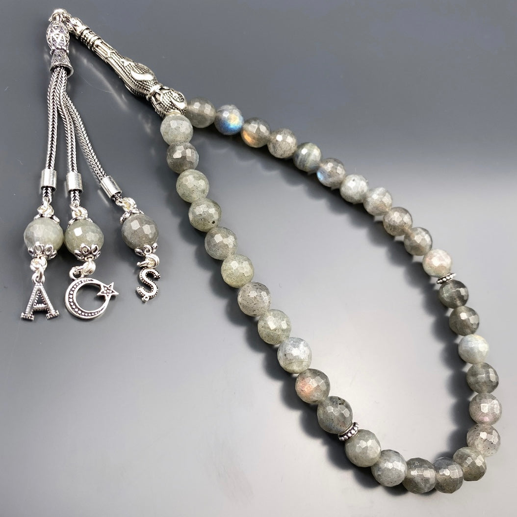Tesbih Labradorit Facettiert 2 Buchstaben & Logo personalisiert 925 Silber