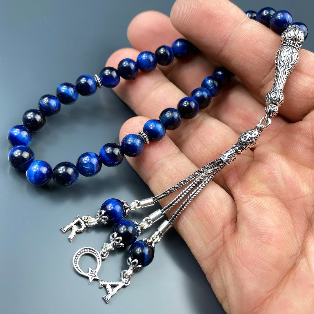 Tesbih Tigerauge Blau 2 Buchstaben & Logo personalisiert 925 Silber