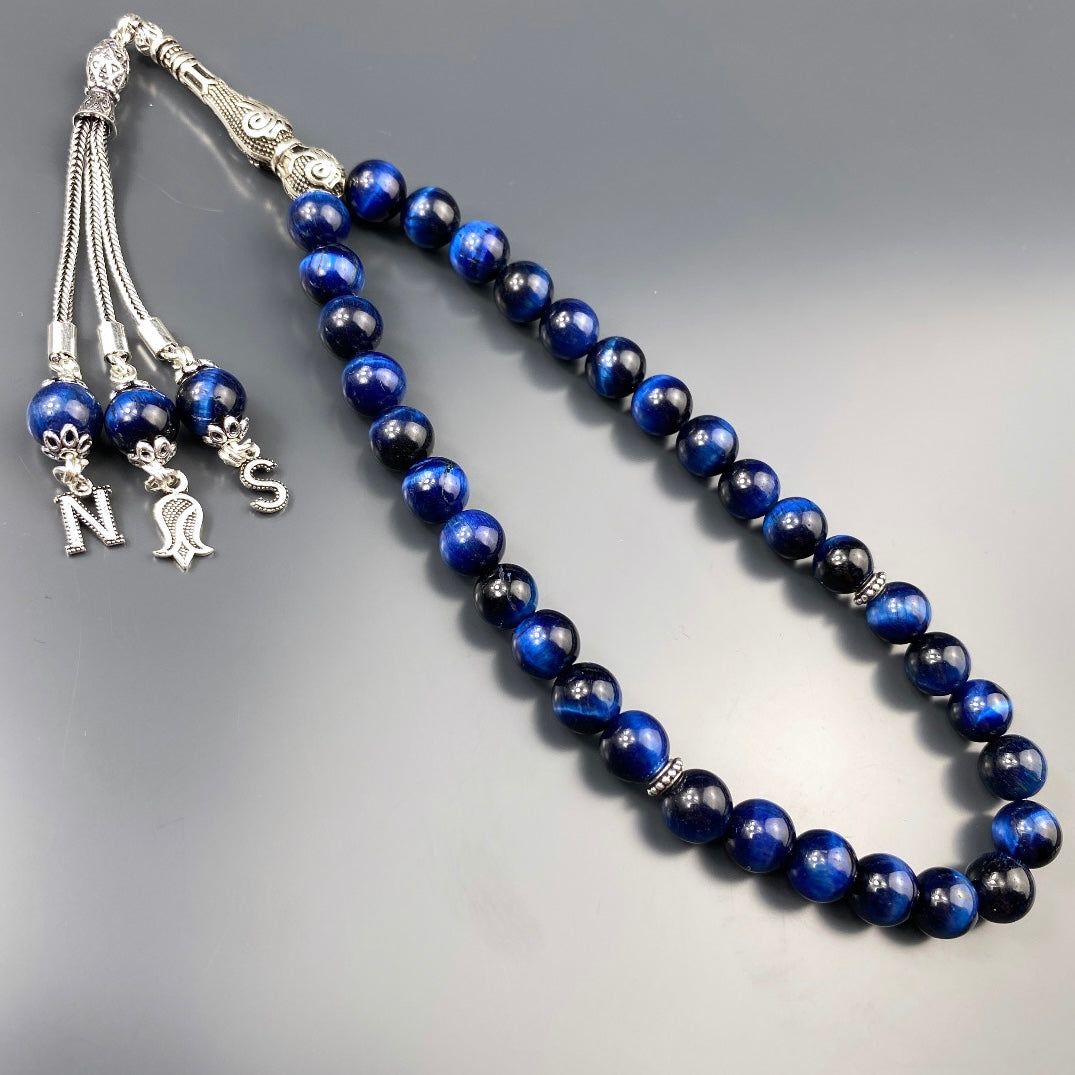 Tesbih Tigerauge Blau 2 Buchstaben & Logo personalisiert 925 Silber